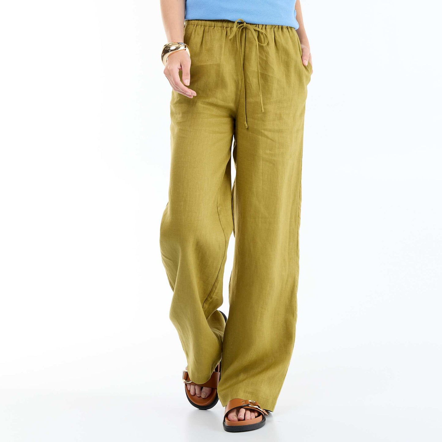 Plain Wide-Leg Linen Trousers GREEN