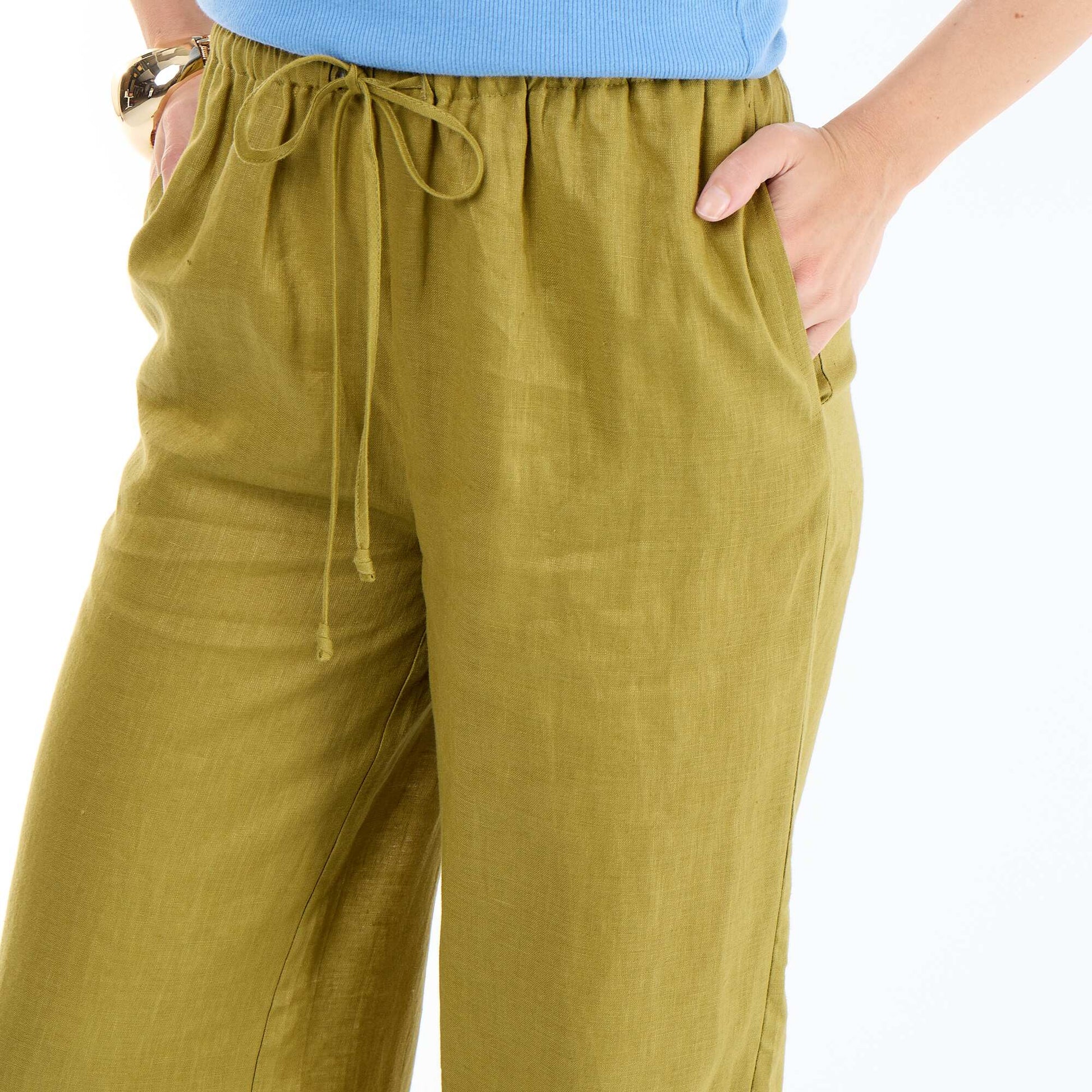 Plain Wide-Leg Linen Trousers GREEN