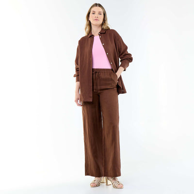 Plain Wide-Leg Linen Trousers BROWN