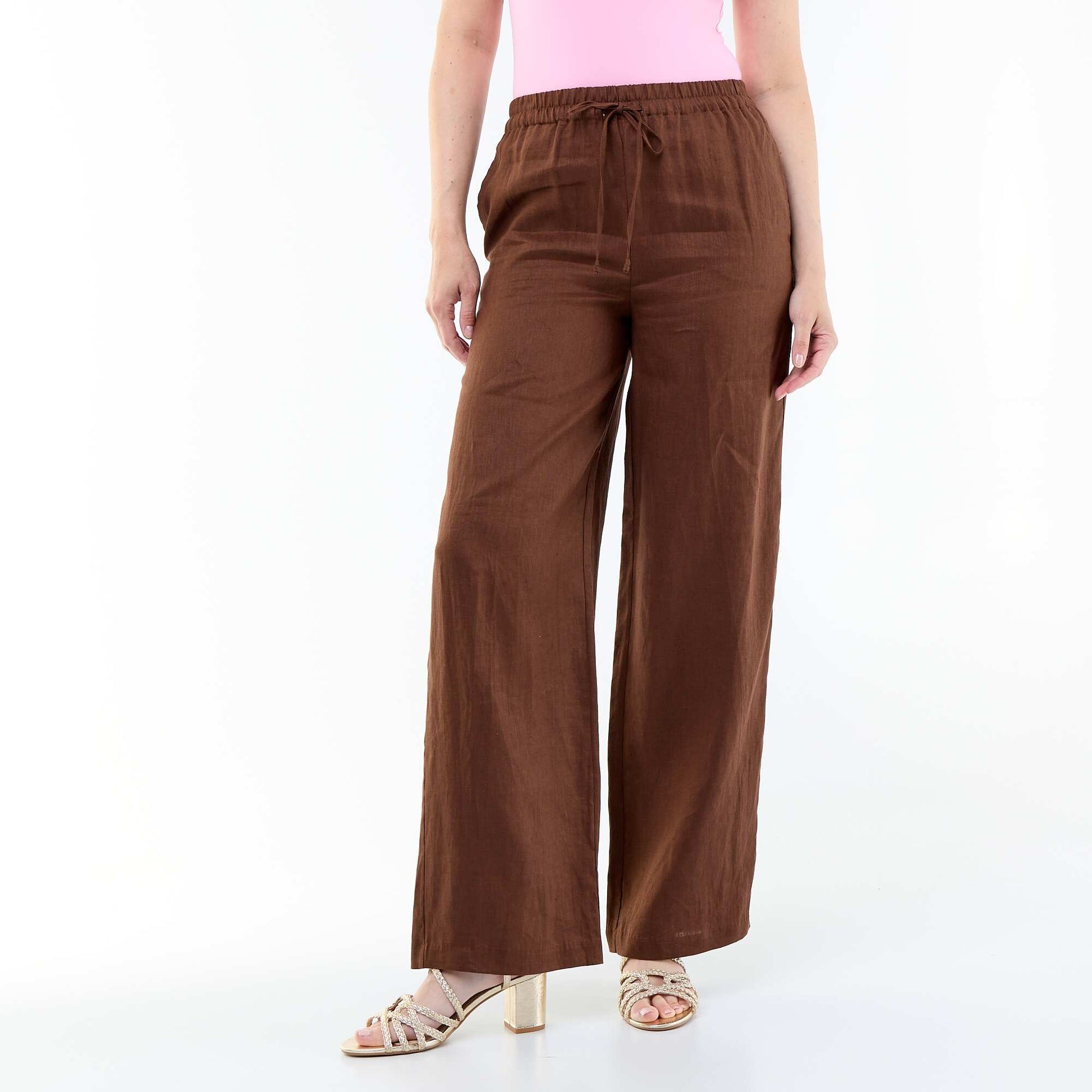 Plain Wide-Leg Linen Trousers BROWN