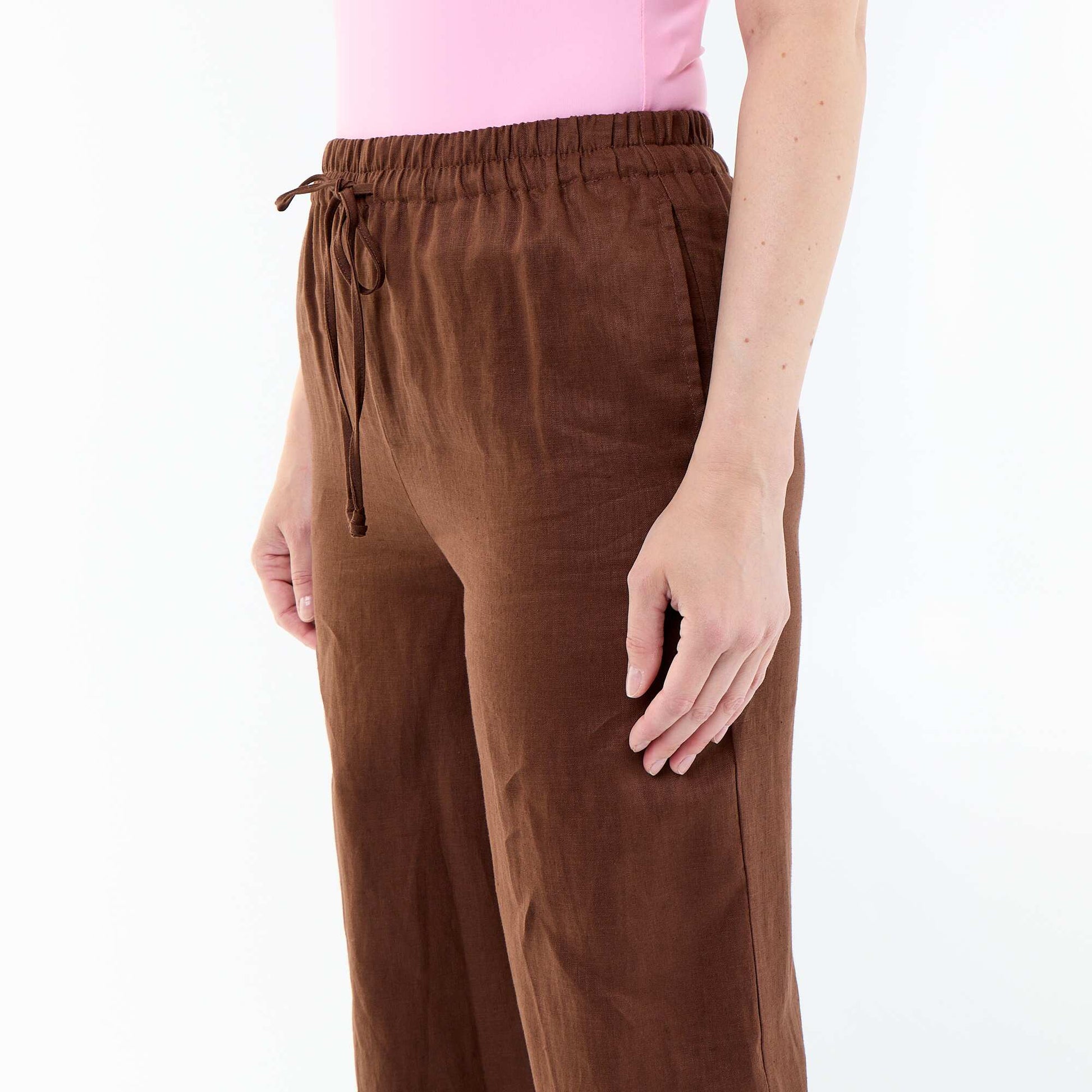 Plain Wide-Leg Linen Trousers BROWN