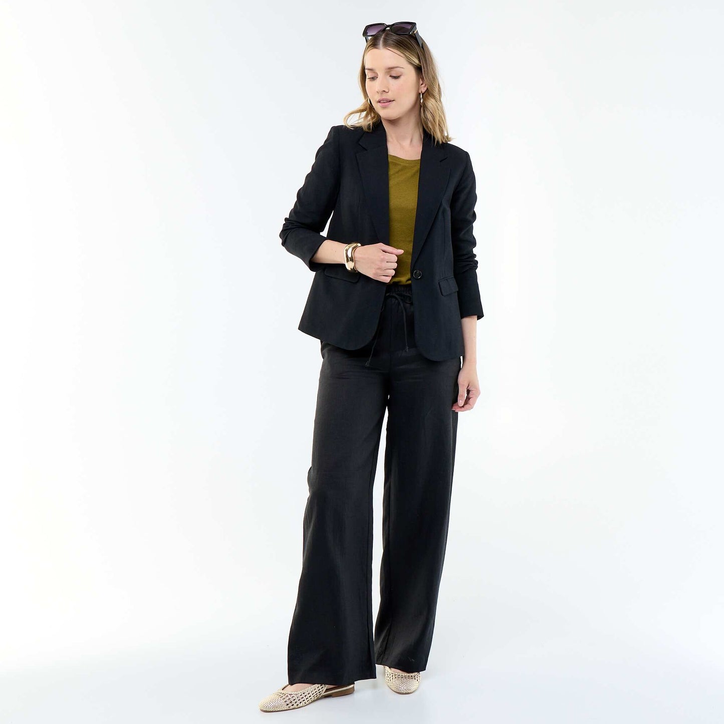 Plain Wide-Leg Linen Trousers BLACK