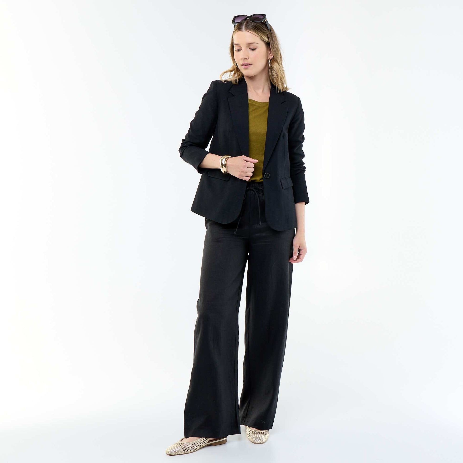 Plain Wide-Leg Linen Trousers BLACK