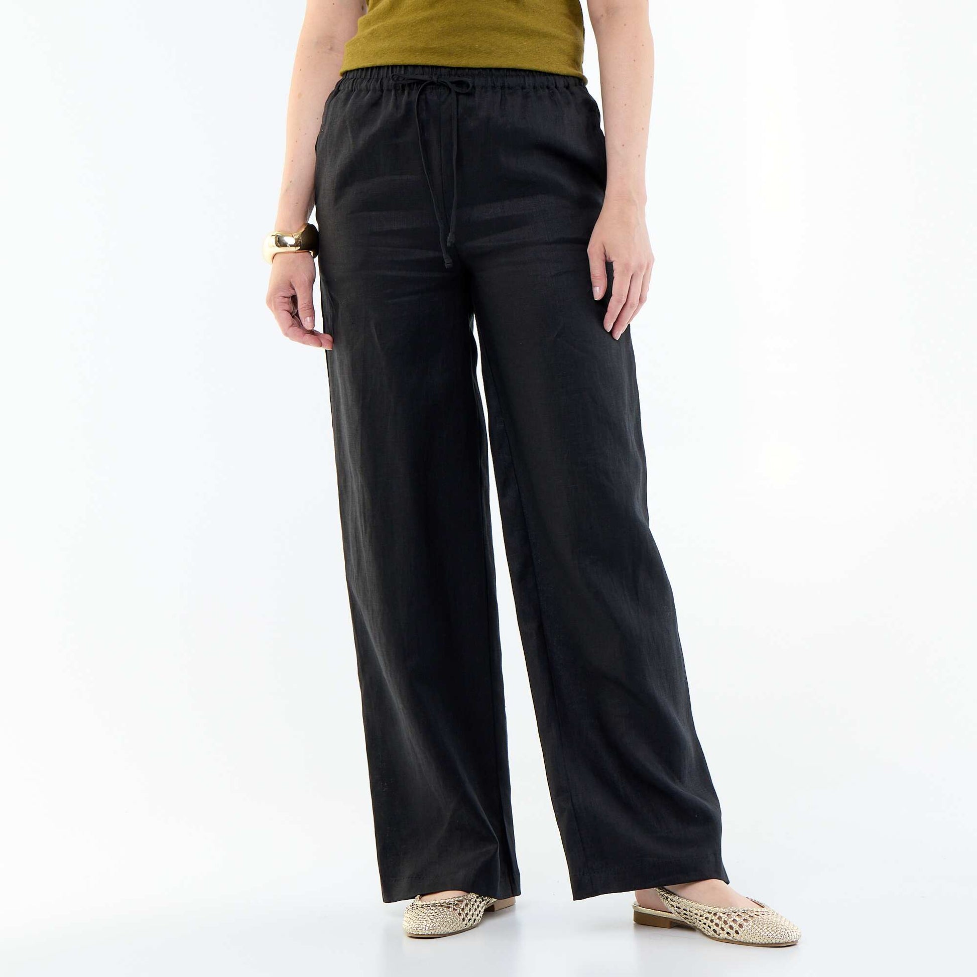 Plain Wide-Leg Linen Trousers BLACK