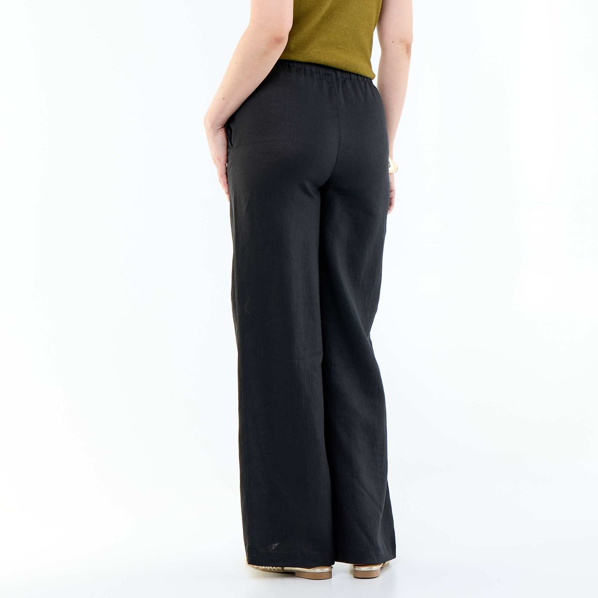 Plain Wide-Leg Linen Trousers BLACK