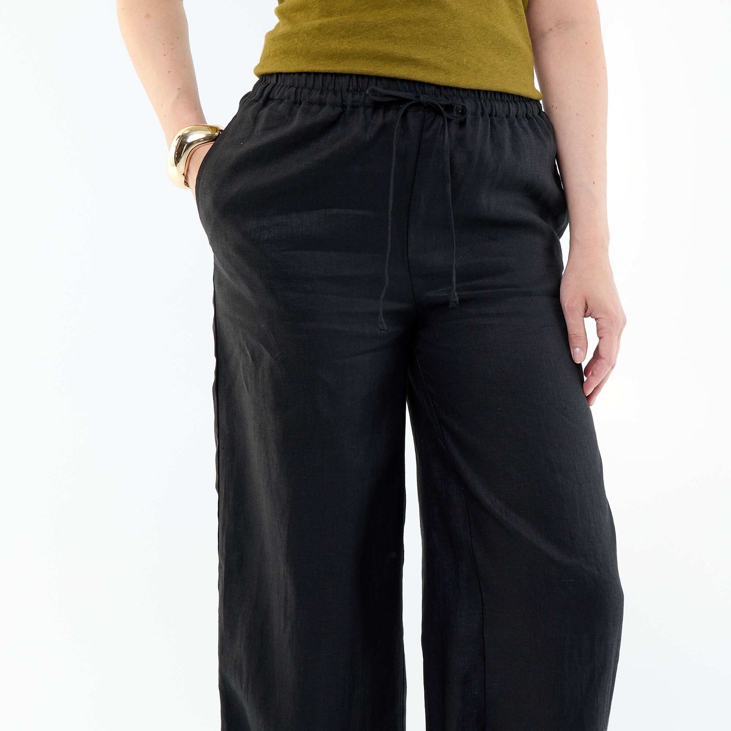 Plain Wide-Leg Linen Trousers BLACK