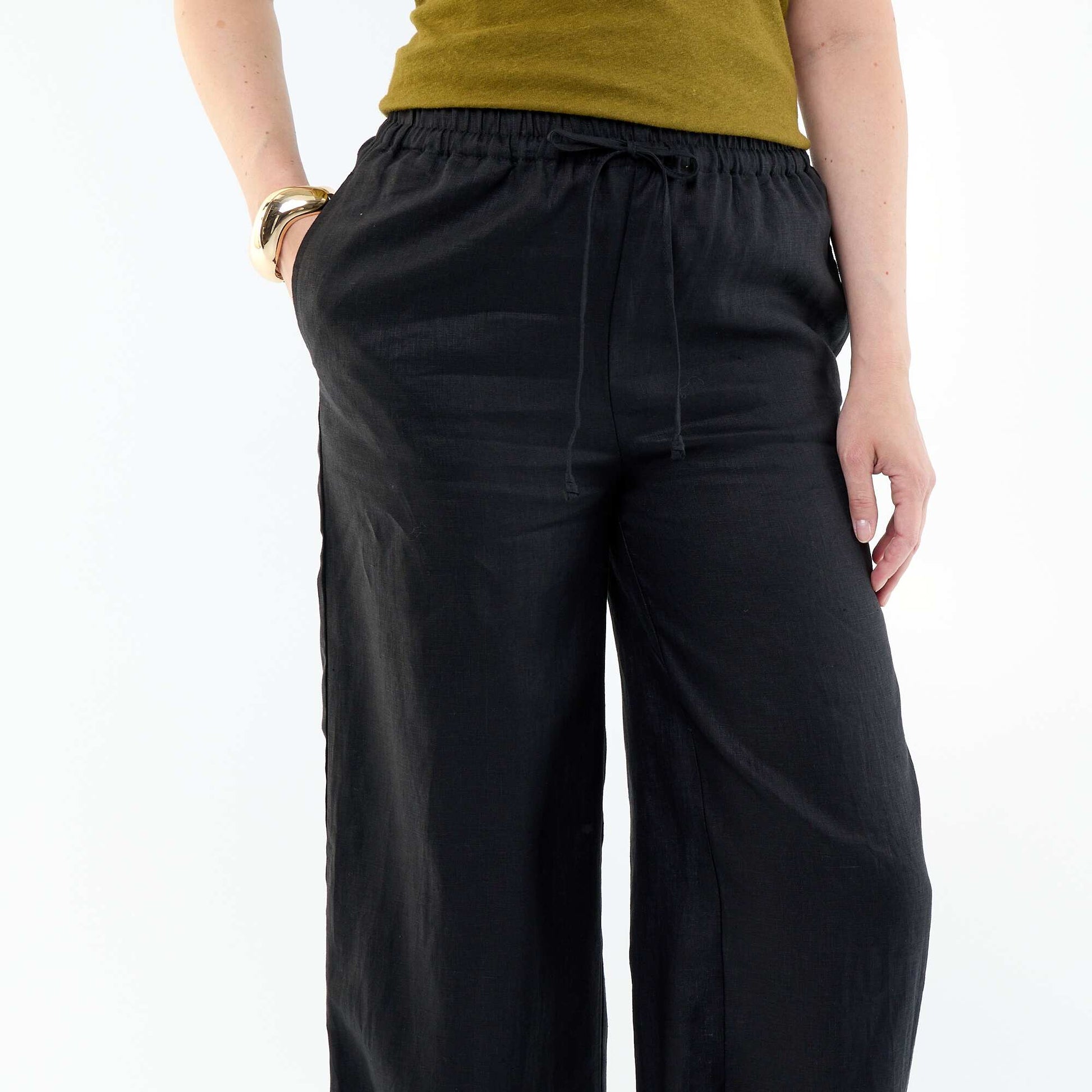 Plain Wide-Leg Linen Trousers BLACK