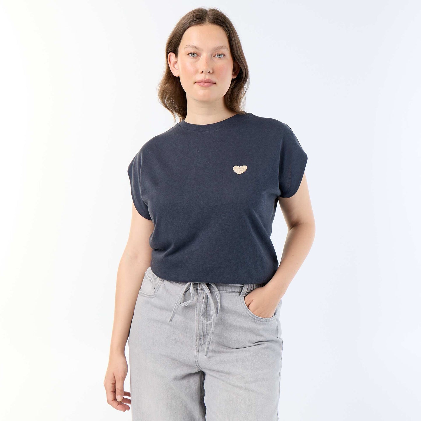 Sleeveless jersey t-shirt with small chest embroidery BLUE
