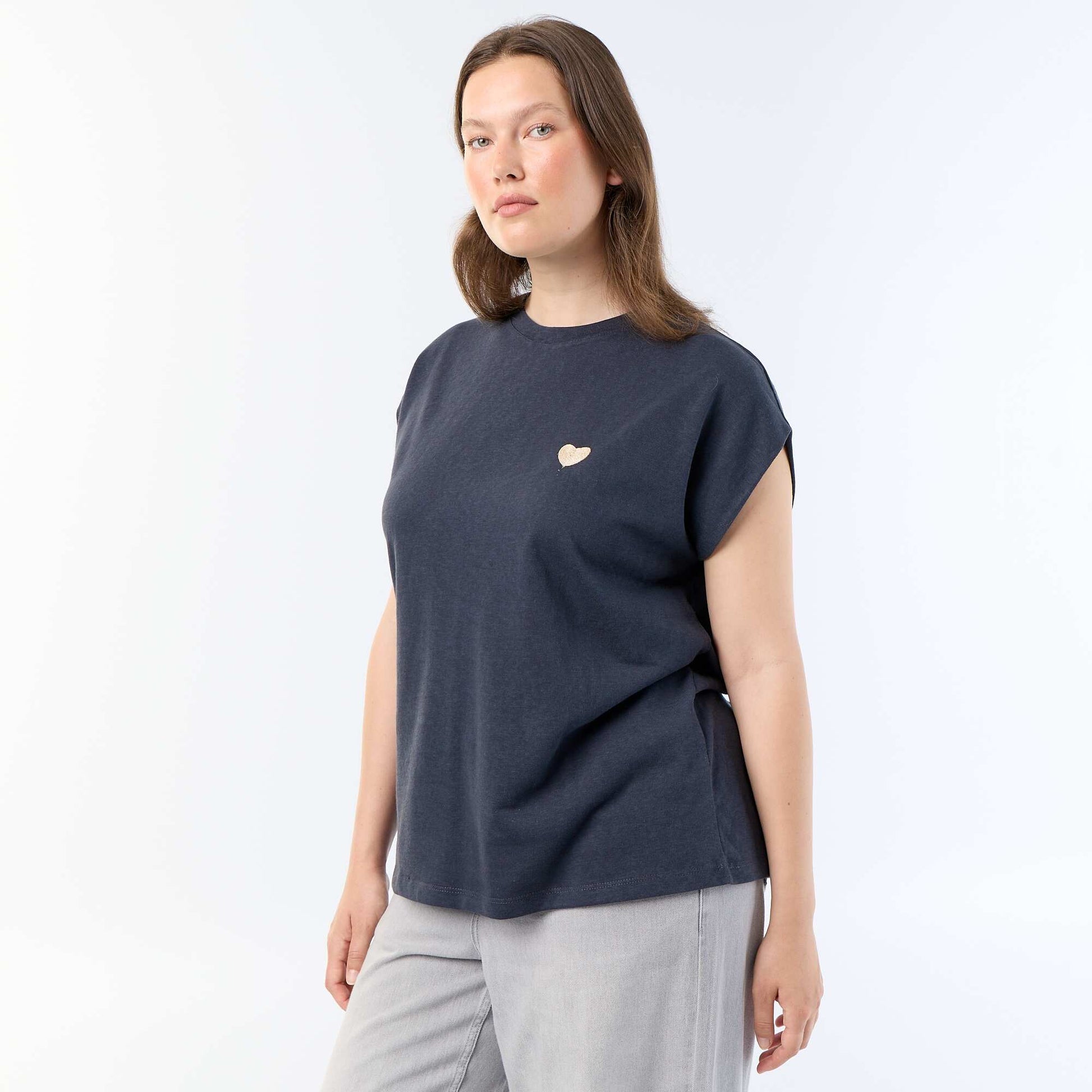 Sleeveless jersey t-shirt with small chest embroidery BLUE