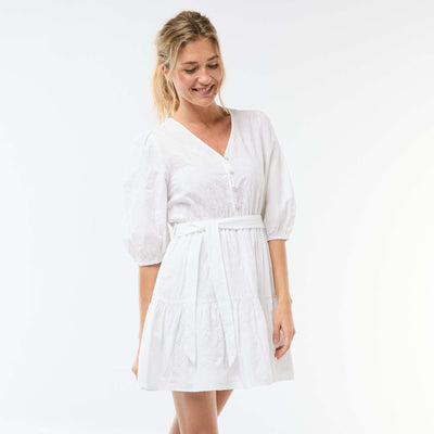 Short Tiered Dress with Broderie Anglaise WHITE