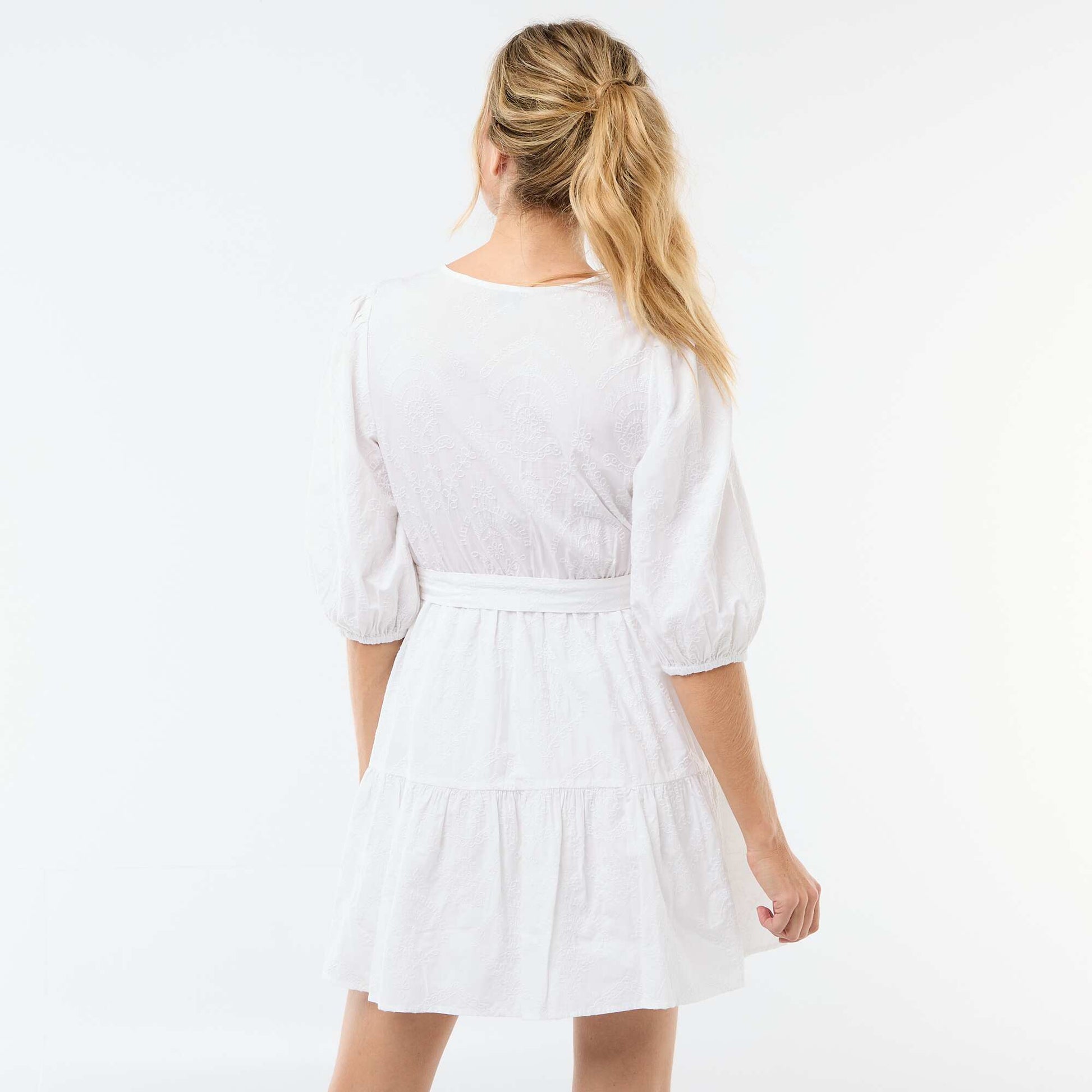 Short Tiered Dress with Broderie Anglaise WHITE