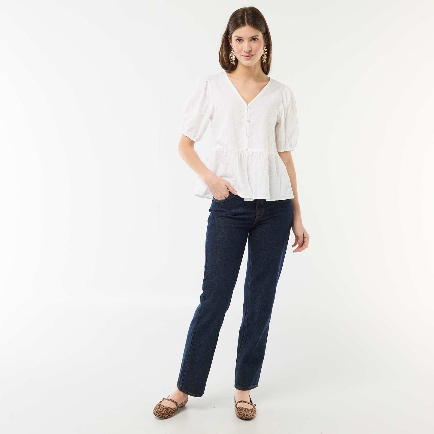 Embroidered Blouse with Ruffled Hem WHITE