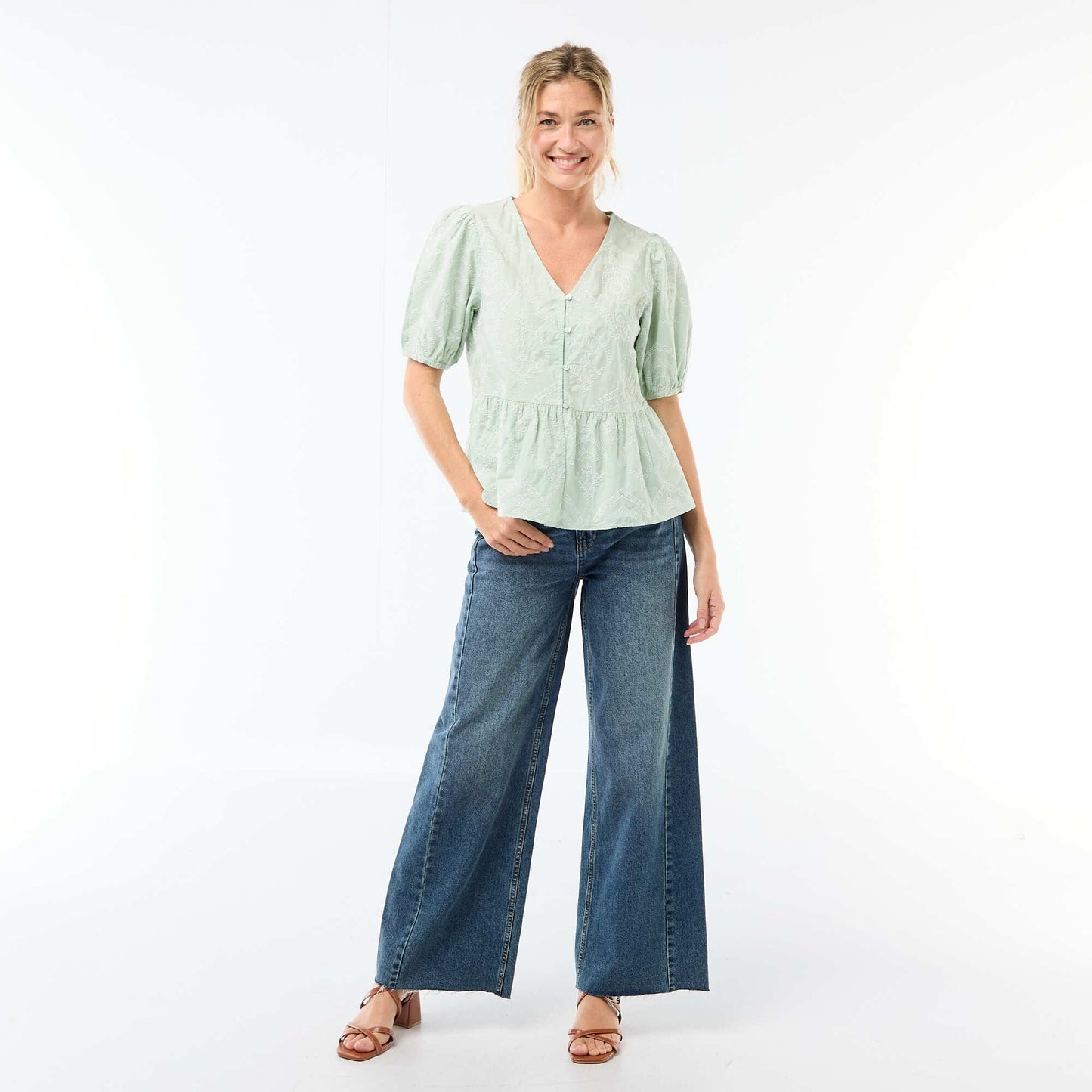 Embroidered Blouse with Ruffled Hem GREEN