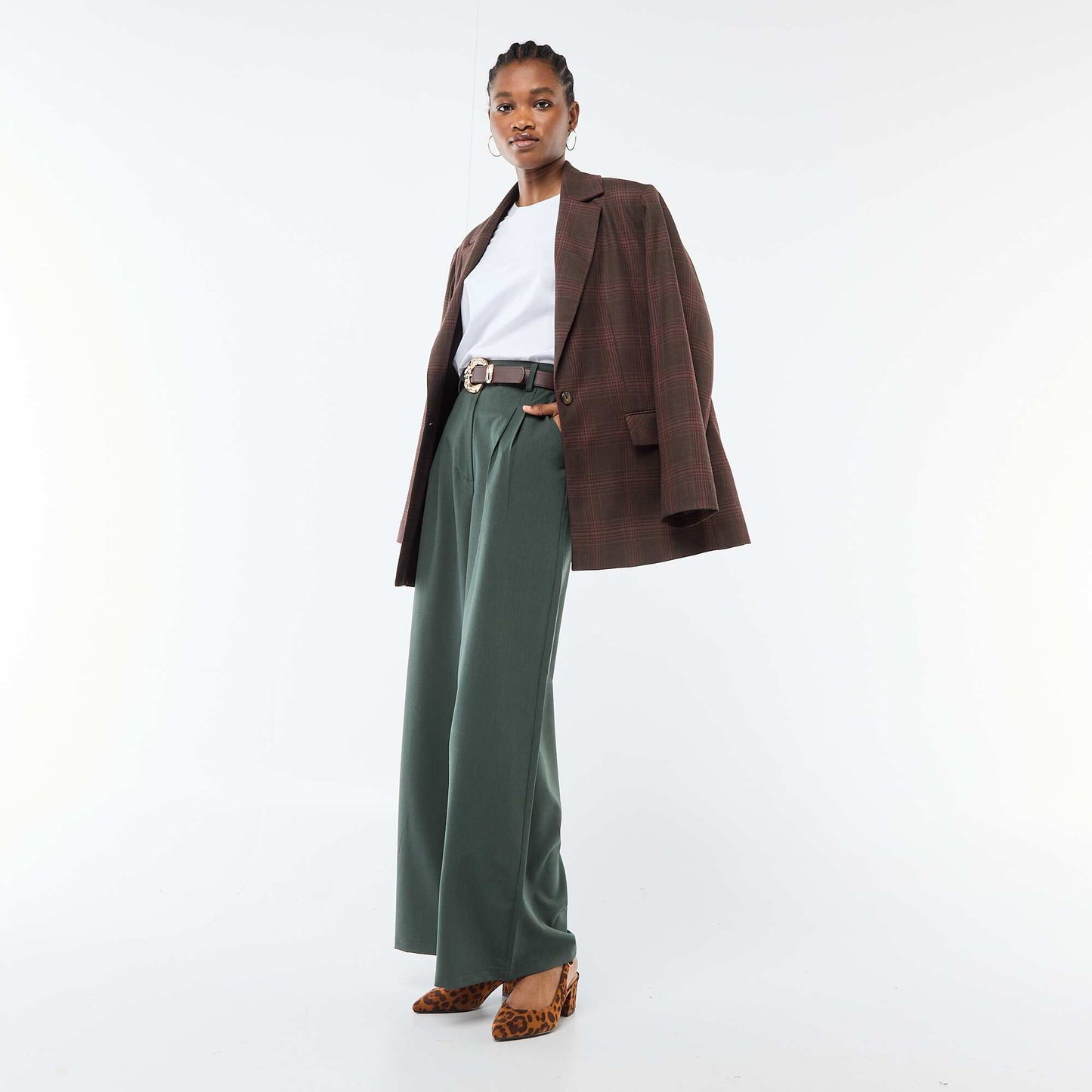Wide-Leg City Trousers with Belt GREEN