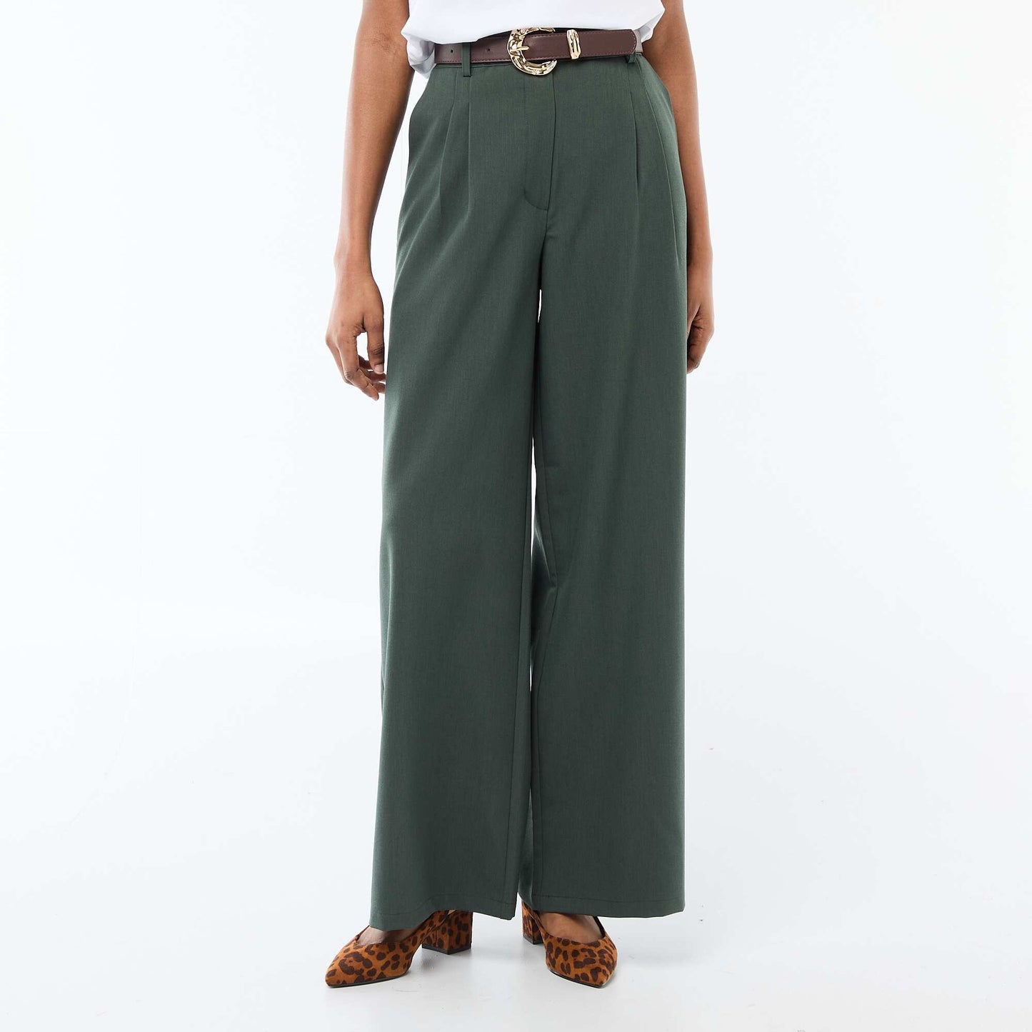 Wide-Leg City Trousers with Belt GREEN