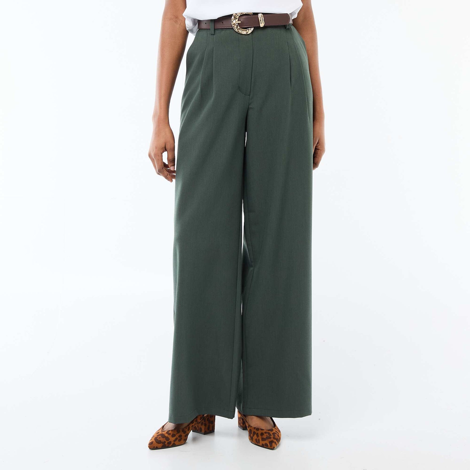 Wide-Leg City Trousers with Belt GREEN
