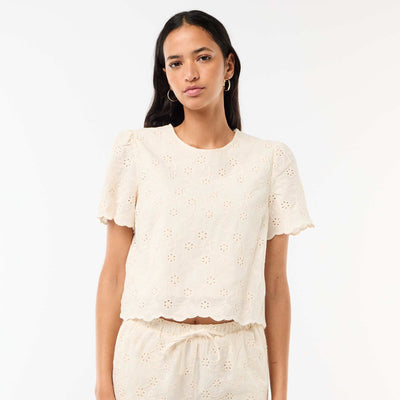 Short-Sleeve Broderie Anglaise Cotton Top BEIGE