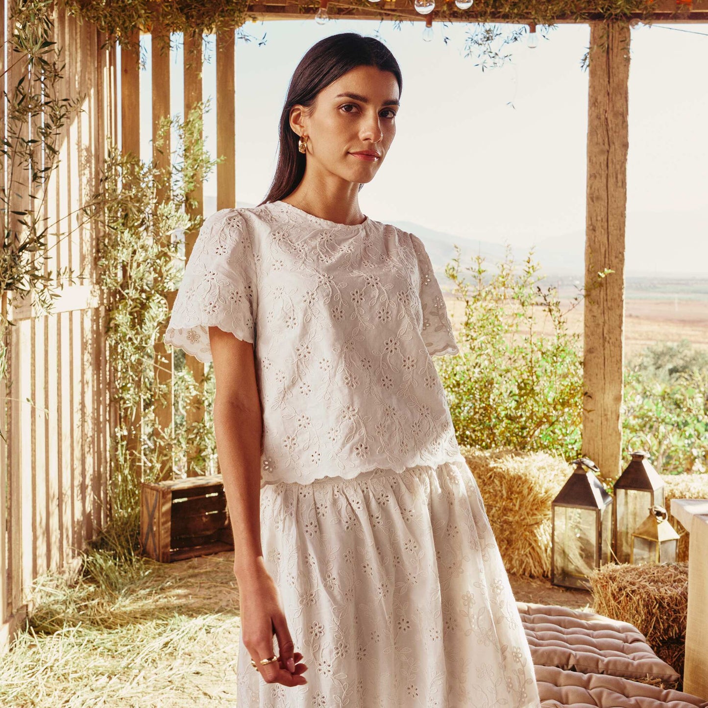 Short-Sleeve Broderie Anglaise Cotton Top BEIGE