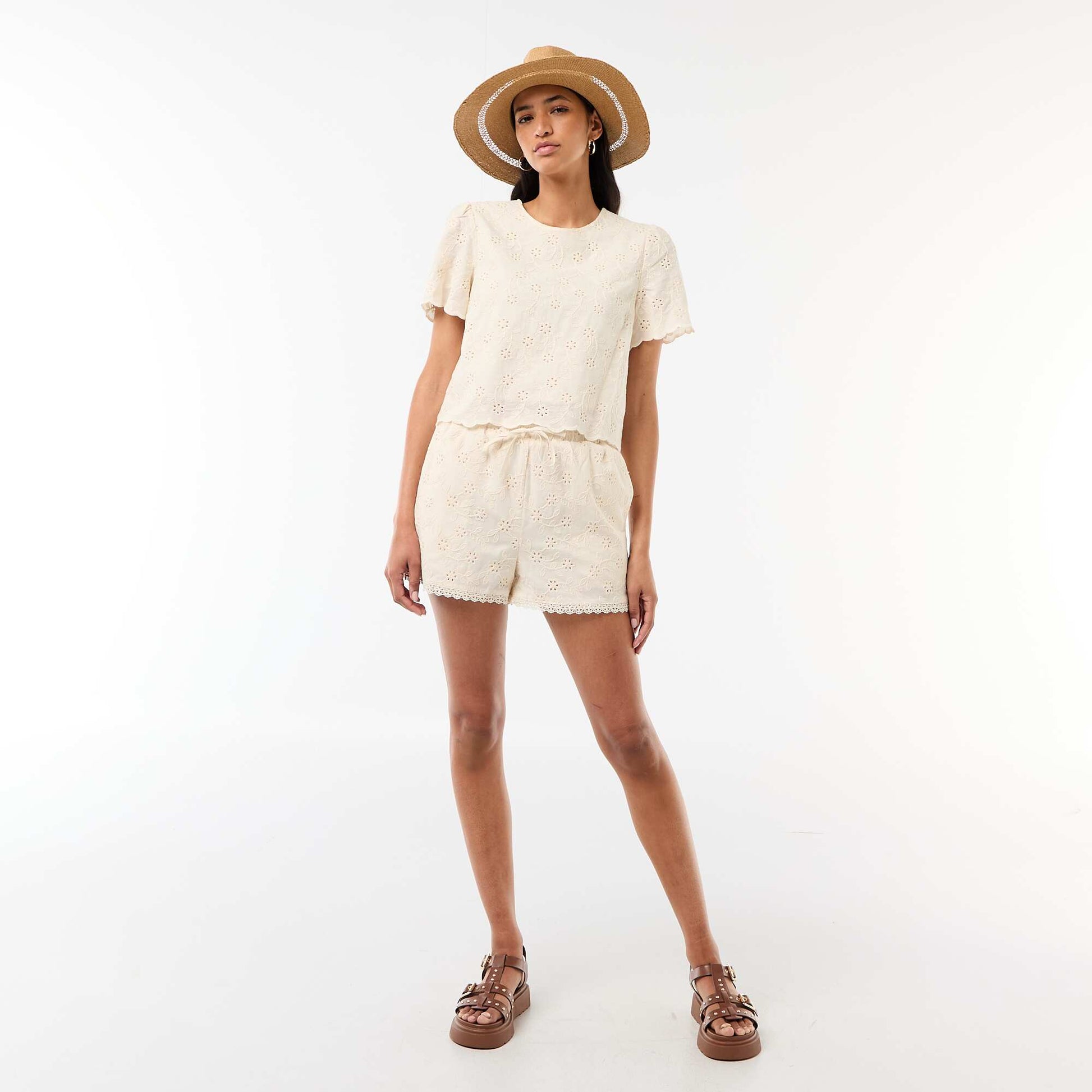 Short-Sleeve Broderie Anglaise Cotton Top BEIGE