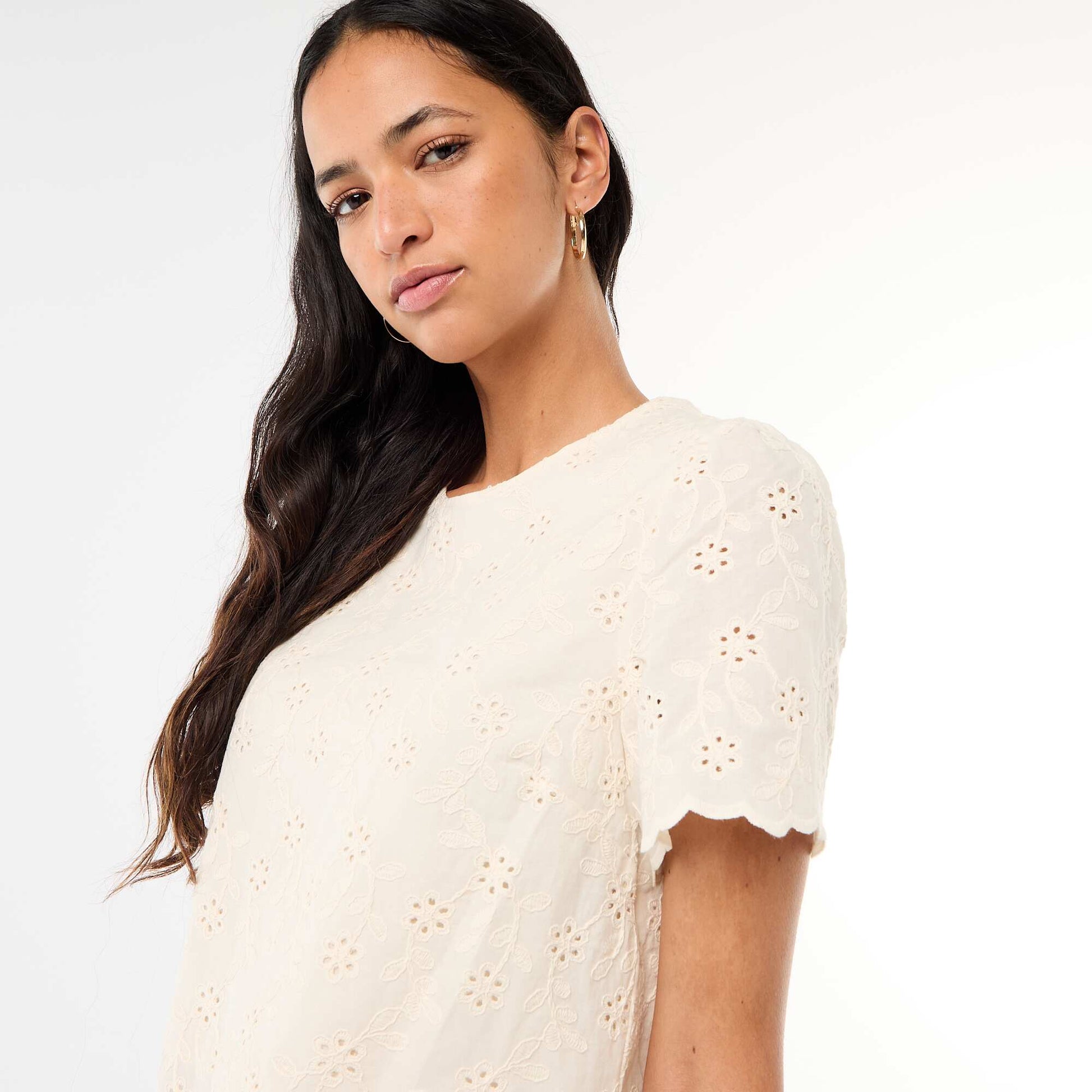 Short-Sleeve Broderie Anglaise Cotton Top BEIGE