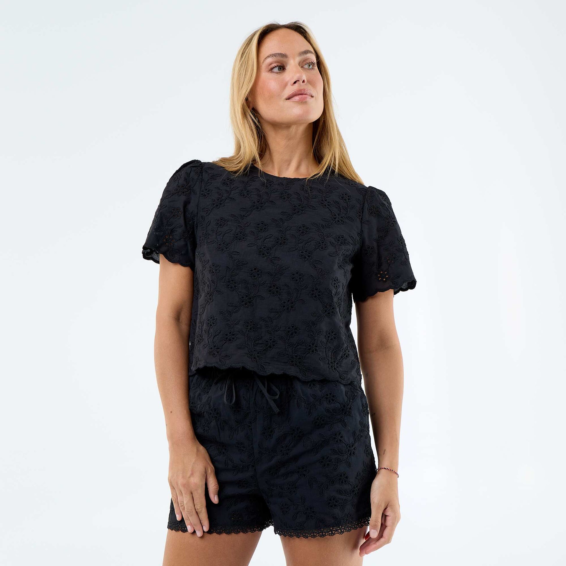 Short-Sleeve Broderie Anglaise Cotton Top BLACK
