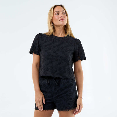 Short-Sleeve Broderie Anglaise Cotton Top BLACK