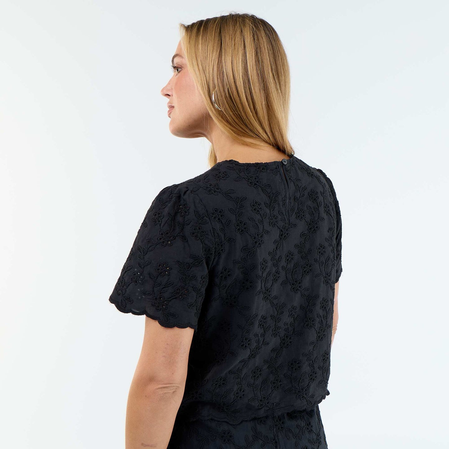 Short-Sleeve Broderie Anglaise Cotton Top BLACK