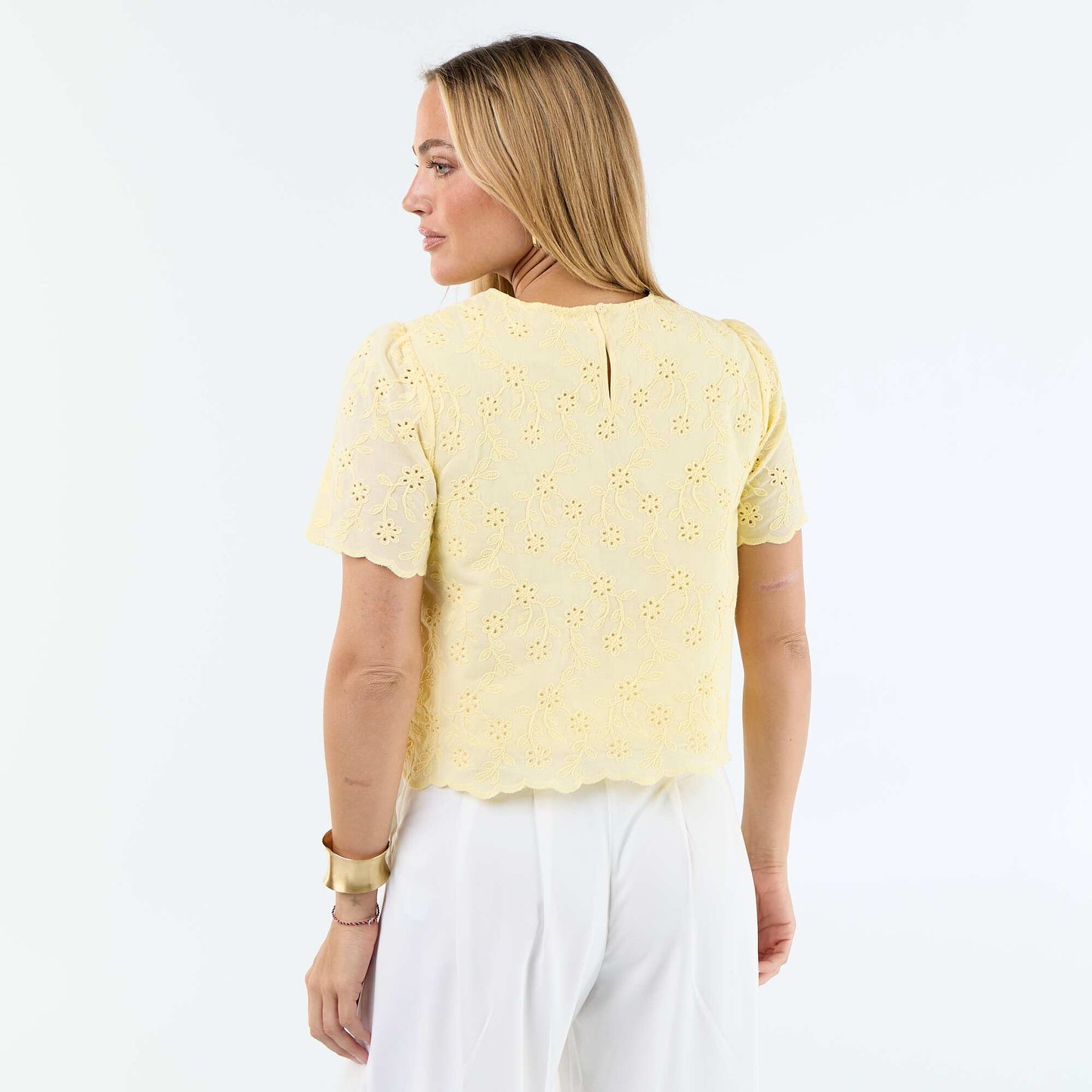 Short-Sleeve Broderie Anglaise Cotton Top YELLOW