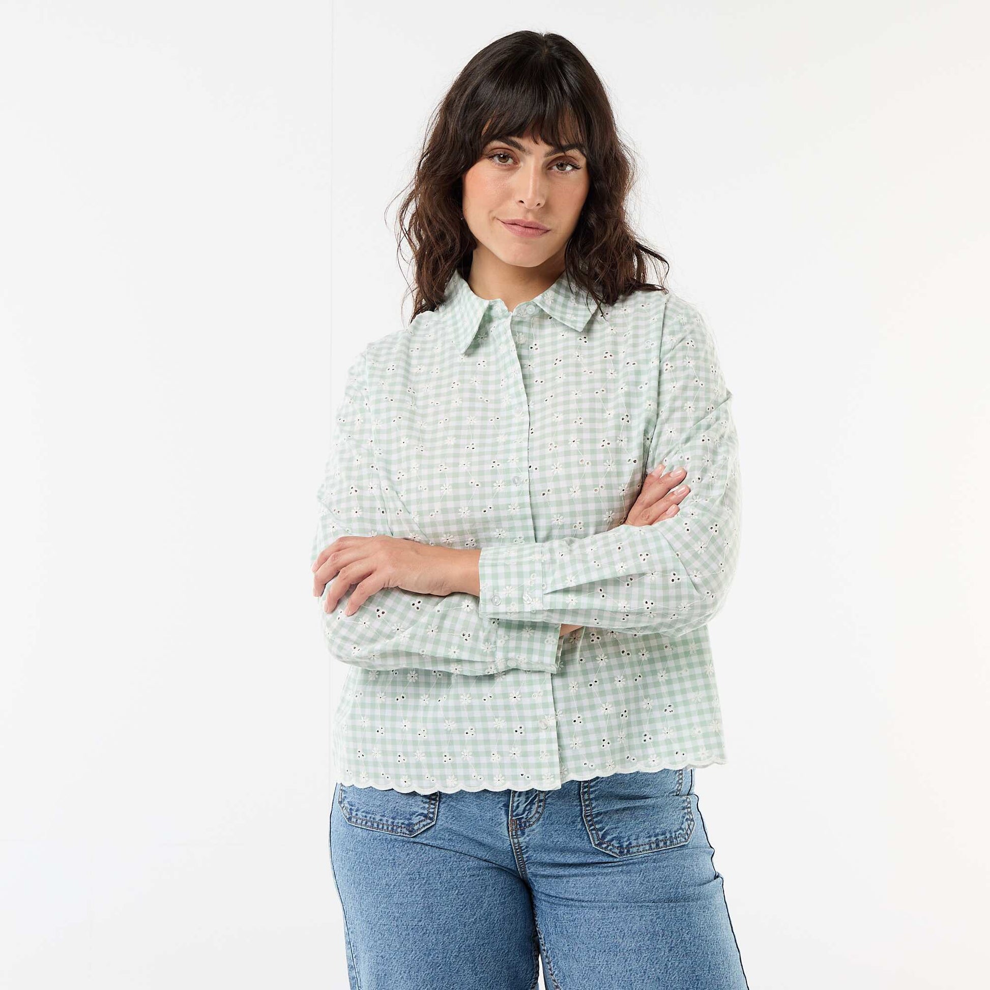 Shirt with Broderie Anglaise and Wavy Details GREEN