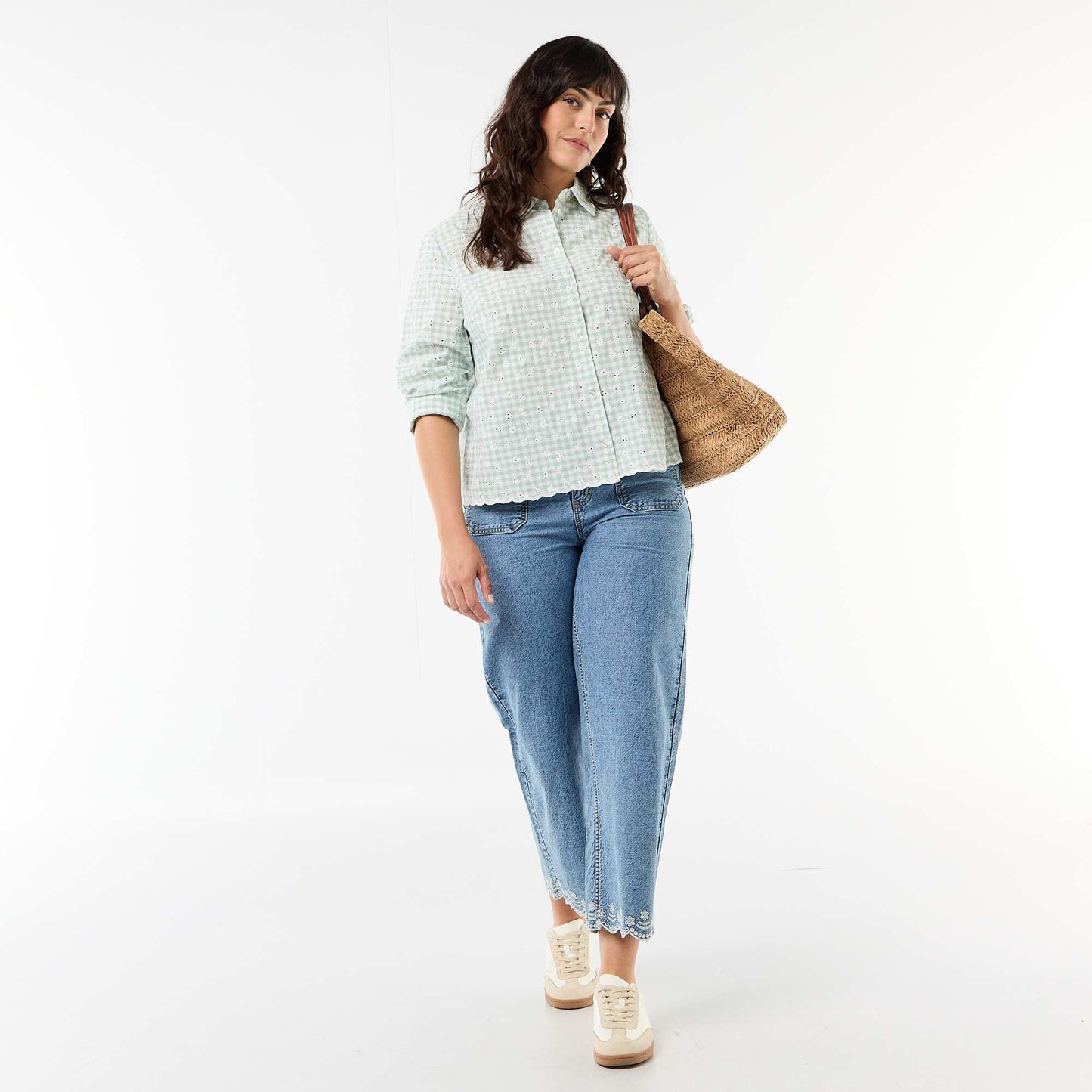 Shirt with Broderie Anglaise and Wavy Details GREEN