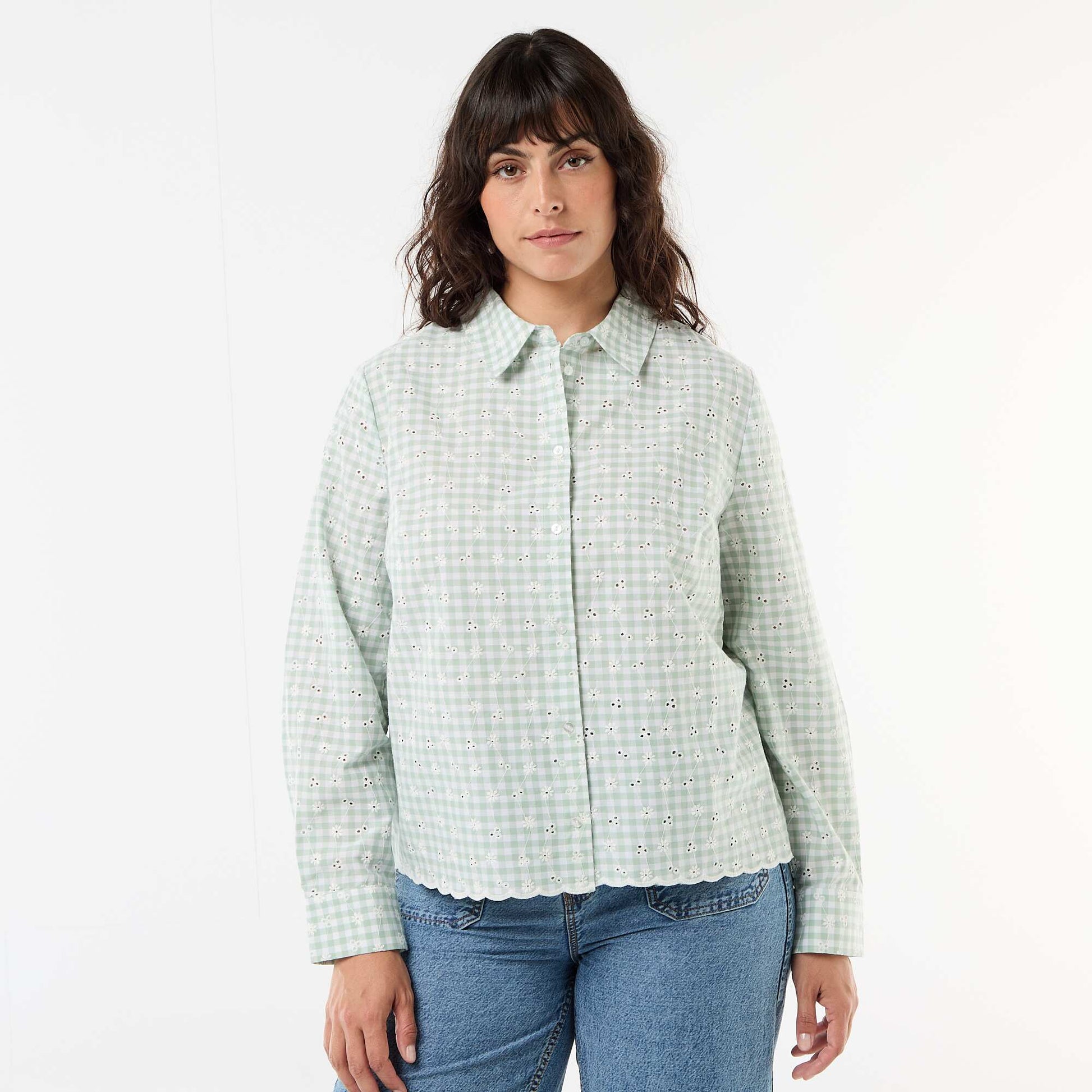 Shirt with Broderie Anglaise and Wavy Details GREEN