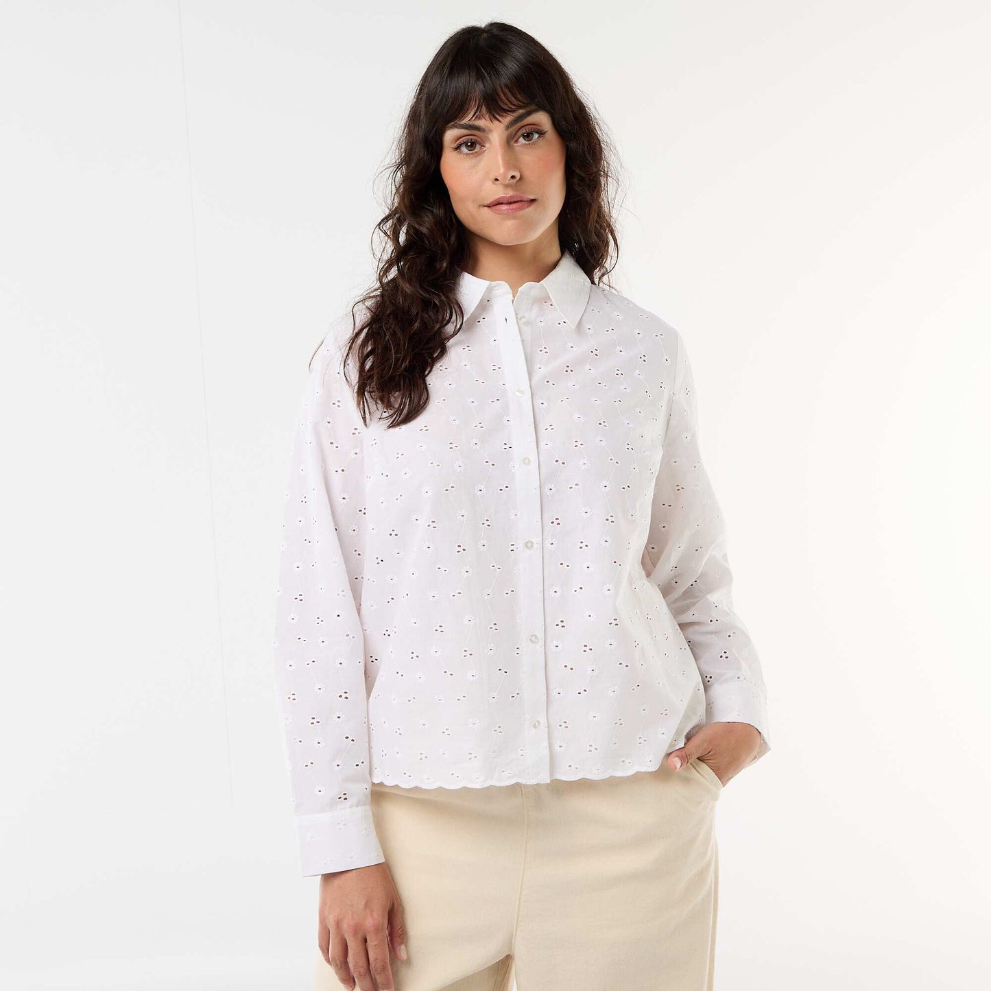 Shirt with Broderie Anglaise and Wavy Details WHITE