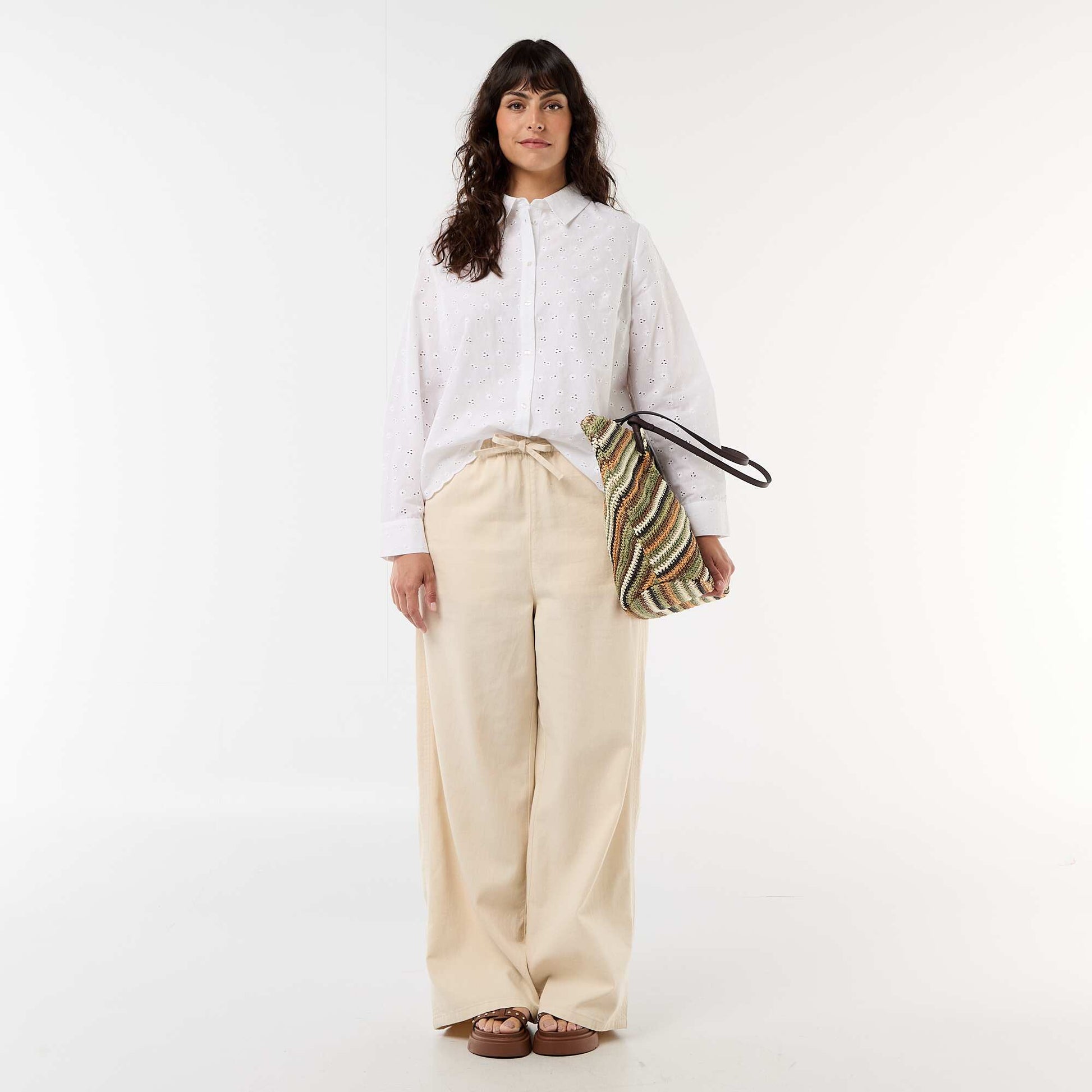 Shirt with Broderie Anglaise and Wavy Details WHITE