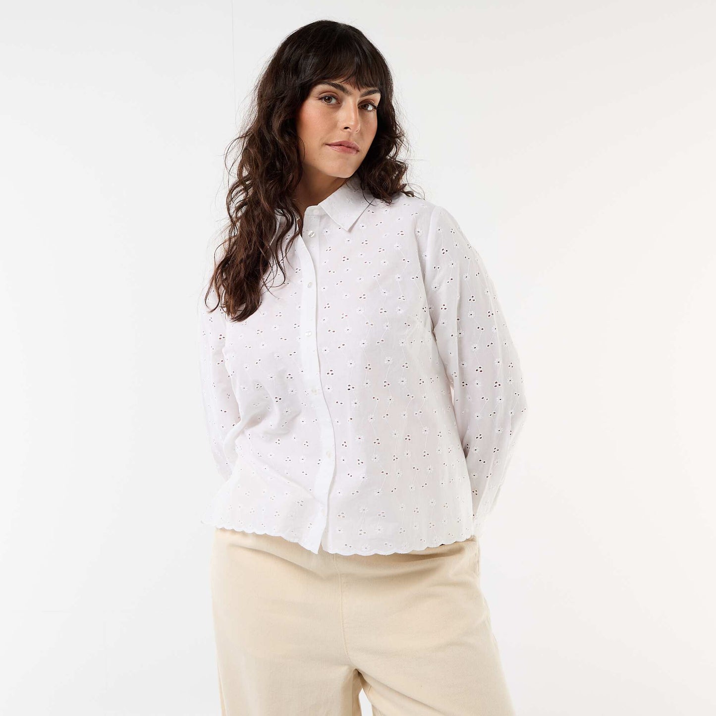 Shirt with Broderie Anglaise and Wavy Details WHITE