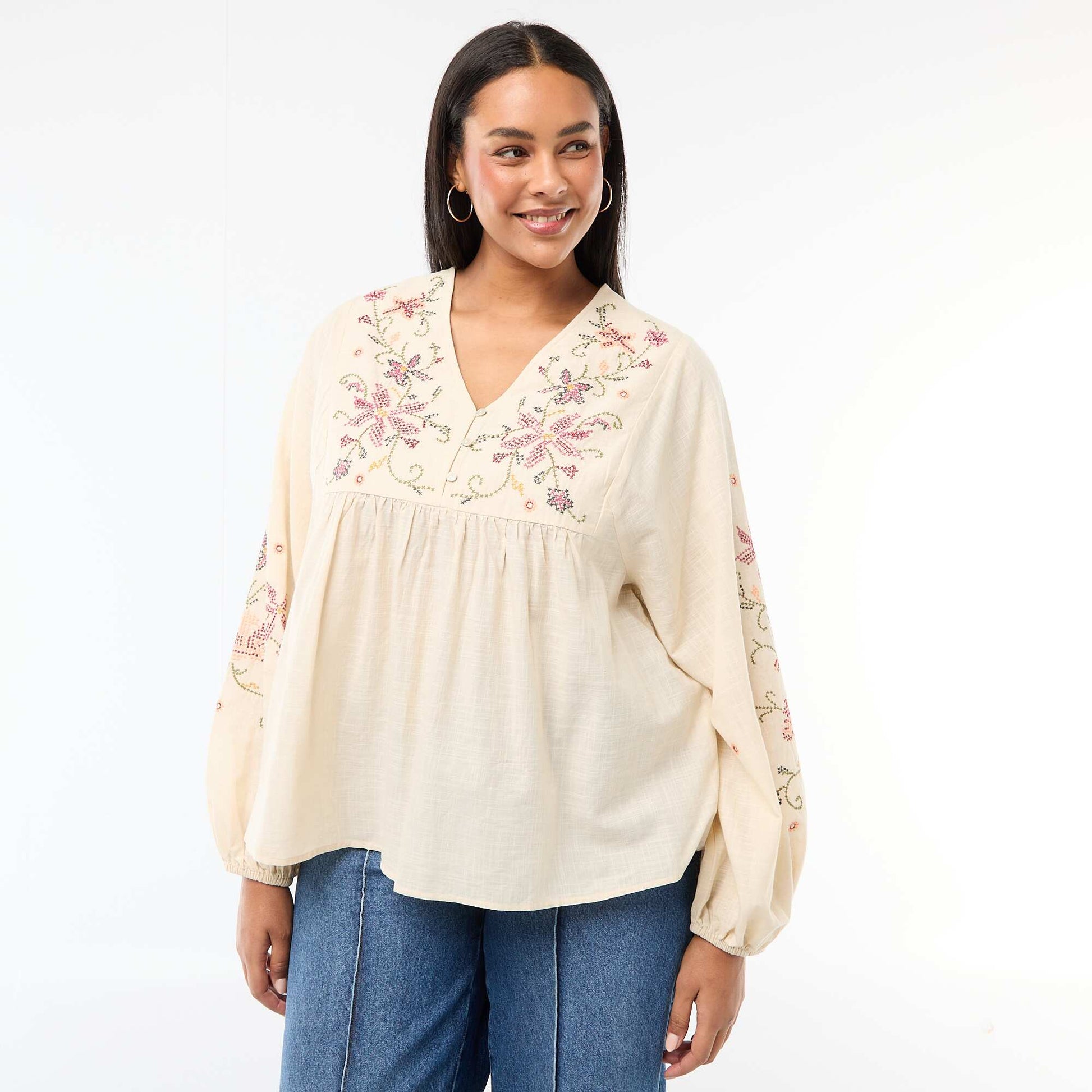 Floral Embroidered Blouse BEIGE