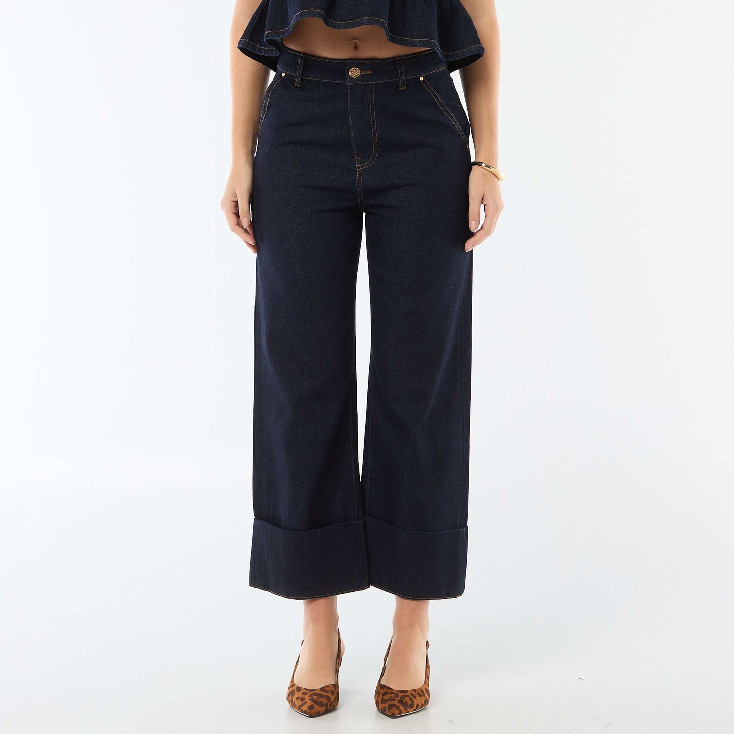 High-Waisted Jeans with Cuffed Hems BLUE
