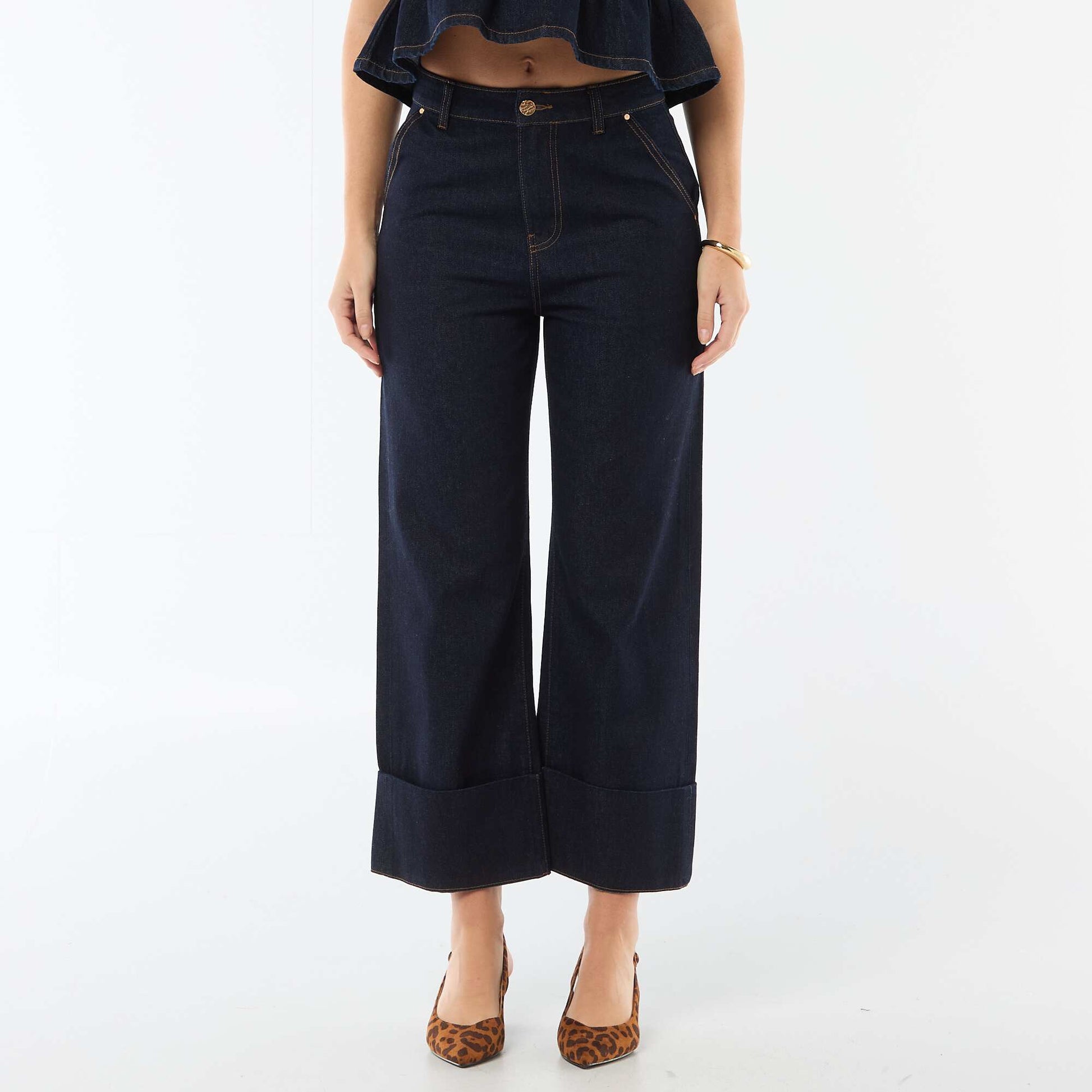 High-Waisted Jeans with Cuffed Hems BLUE