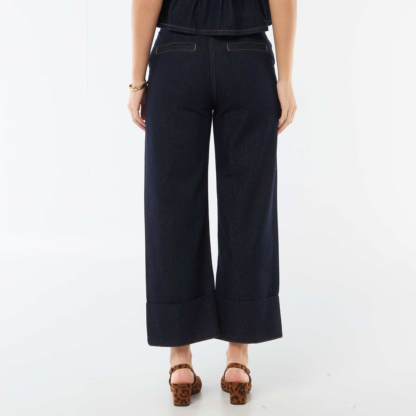High-Waisted Jeans with Cuffed Hems BLUE