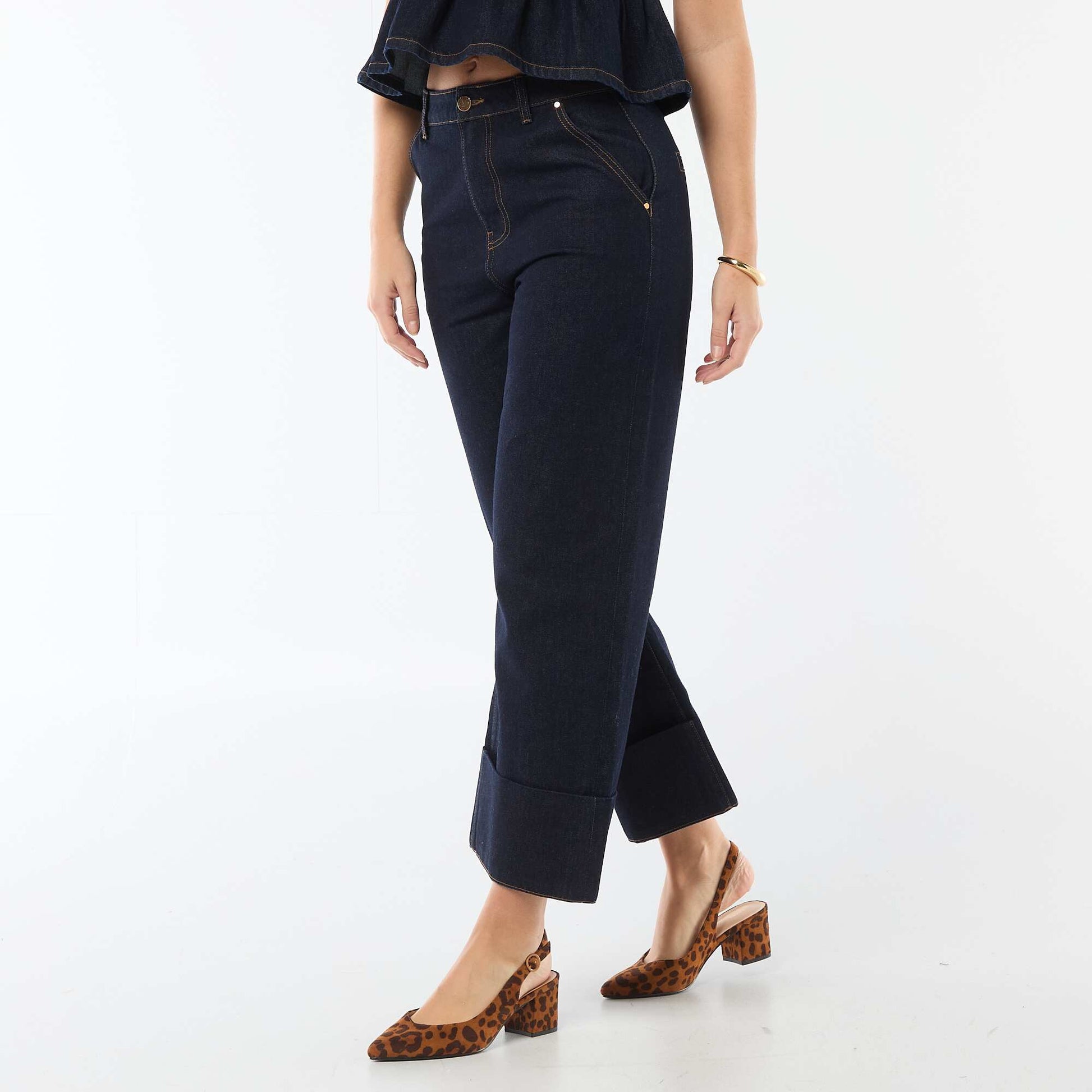 High-Waisted Jeans with Cuffed Hems BLUE