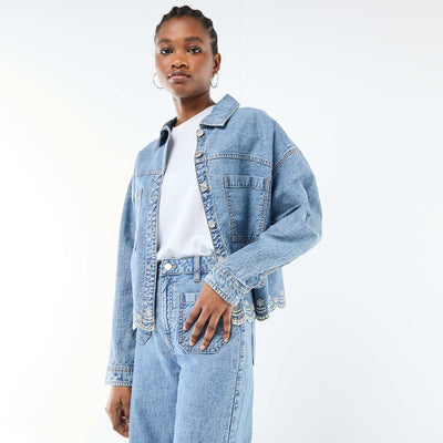 Button-Front Denim Jacket with Solid Cotton Embroidery BLUE