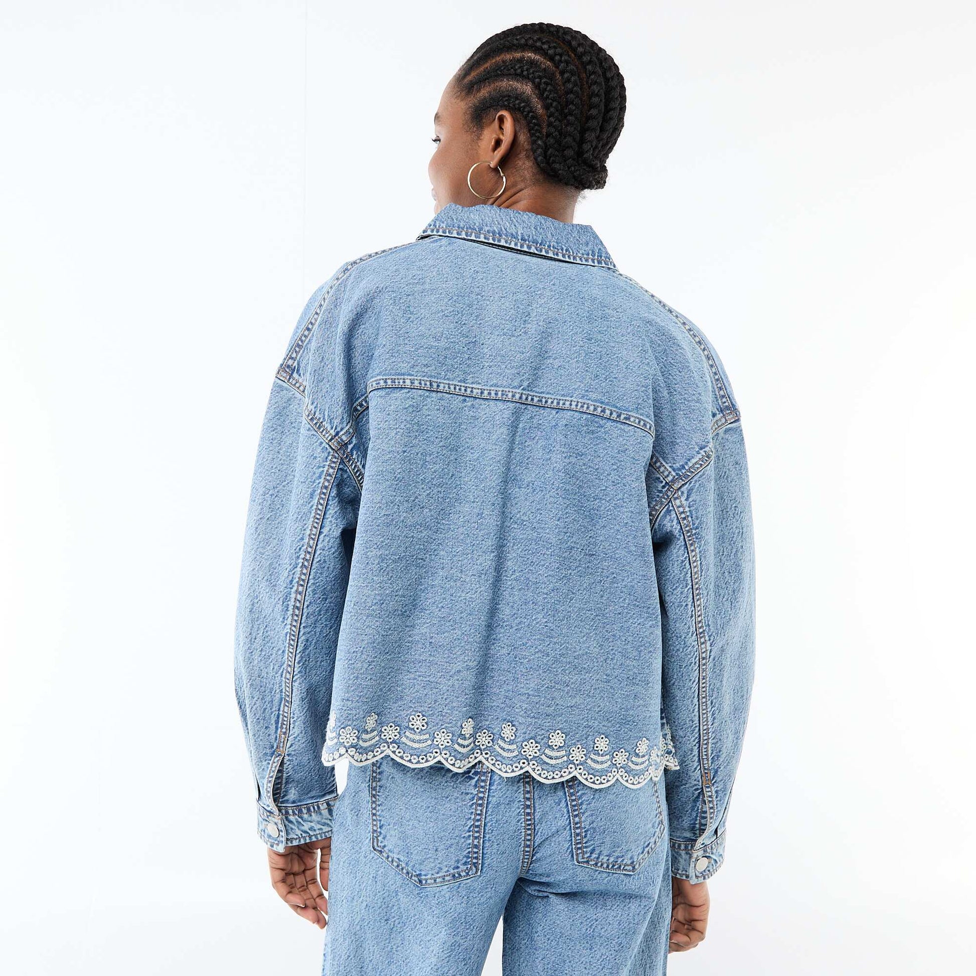 Button-Front Denim Jacket with Solid Cotton Embroidery BLUE