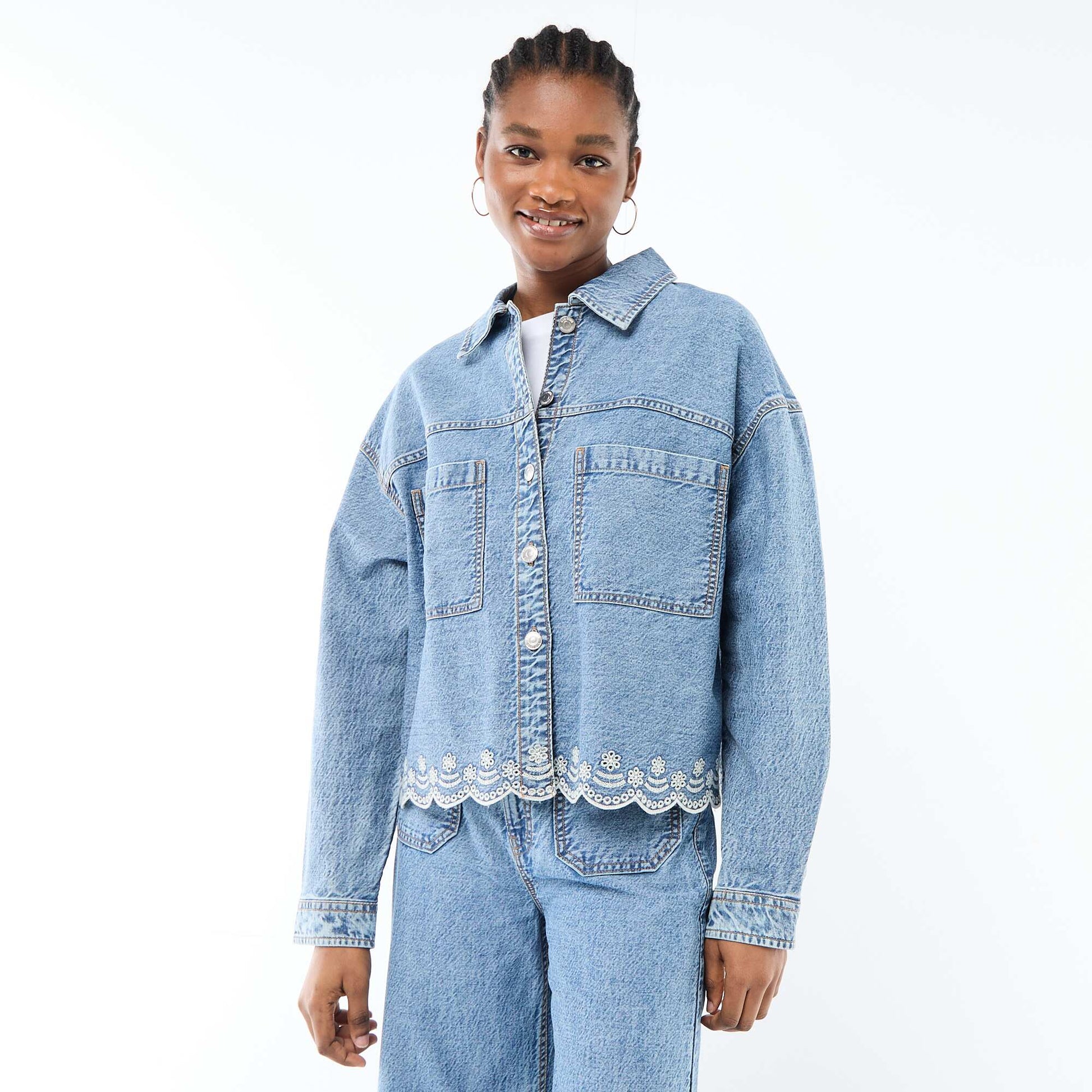 Button-Front Denim Jacket with Solid Cotton Embroidery BLUE