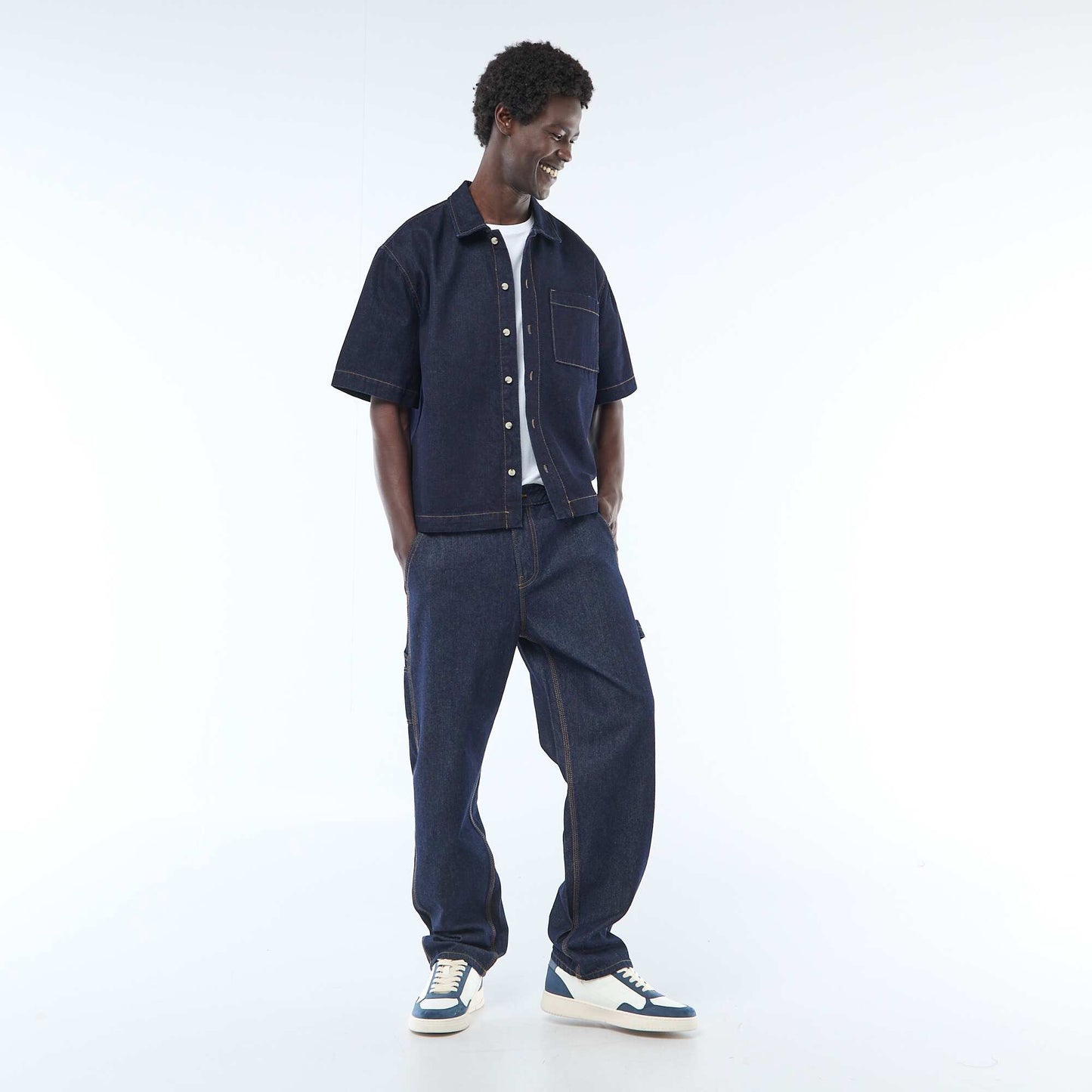Short-sleeved Solid Denim Shirt BLUE