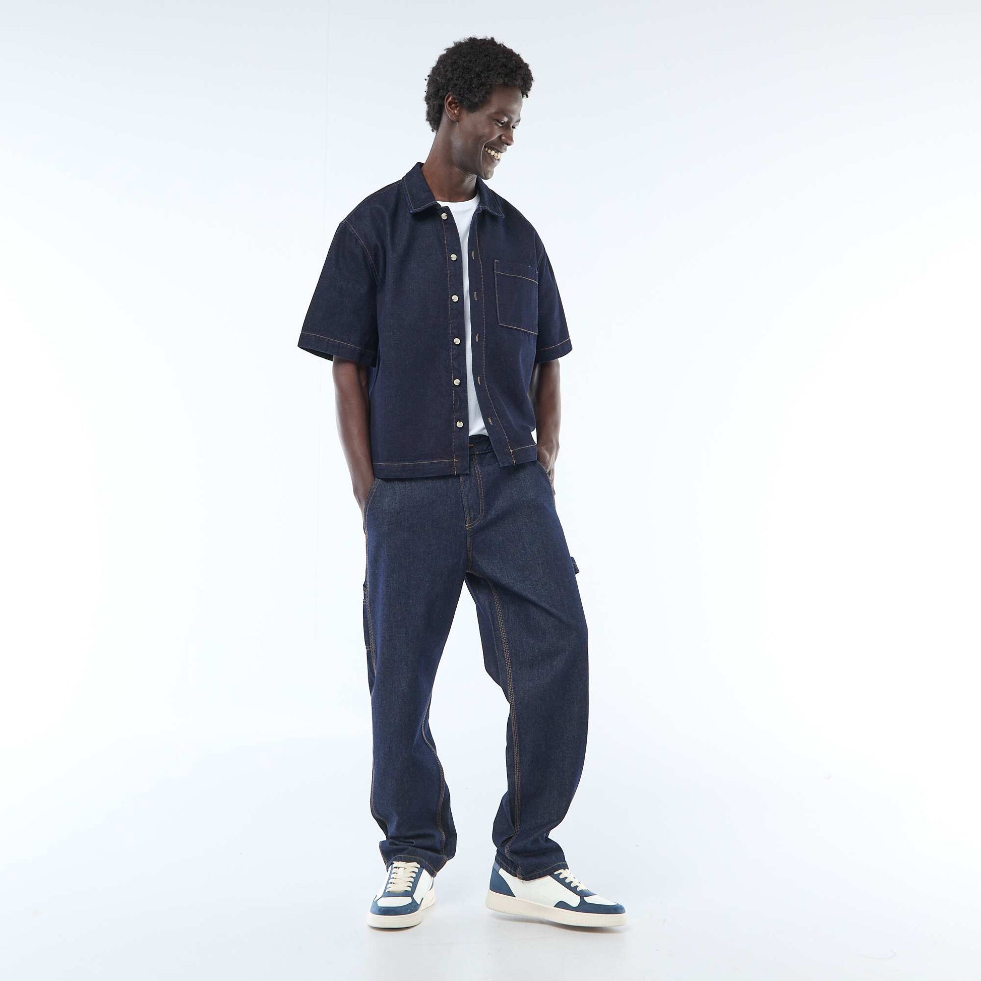 Short-sleeved Solid Denim Shirt BLUE