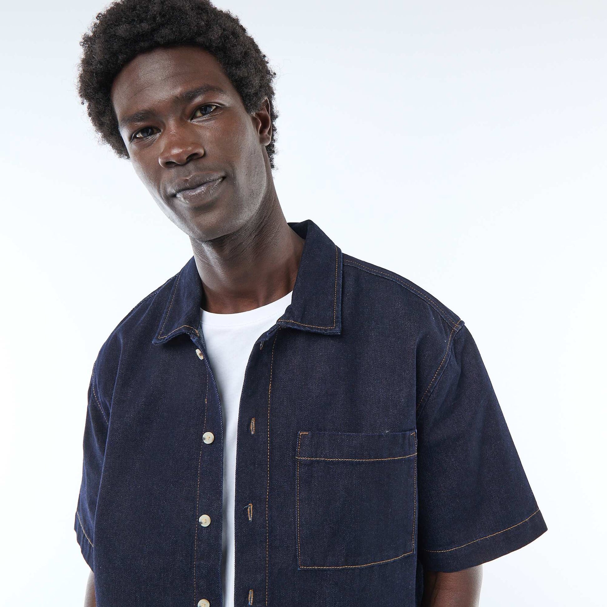 Short-sleeved Solid Denim Shirt BLUE