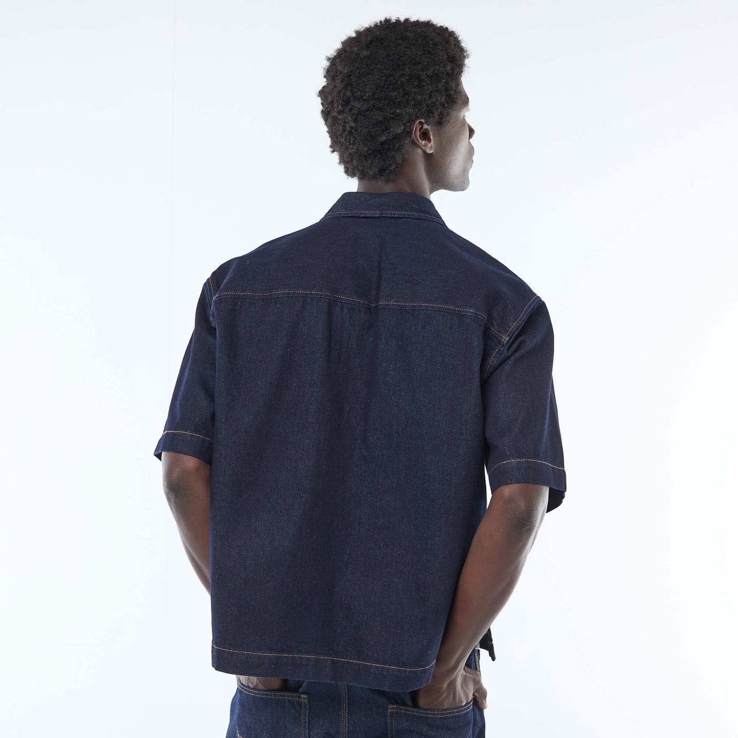 Short-sleeved Solid Denim Shirt BLUE