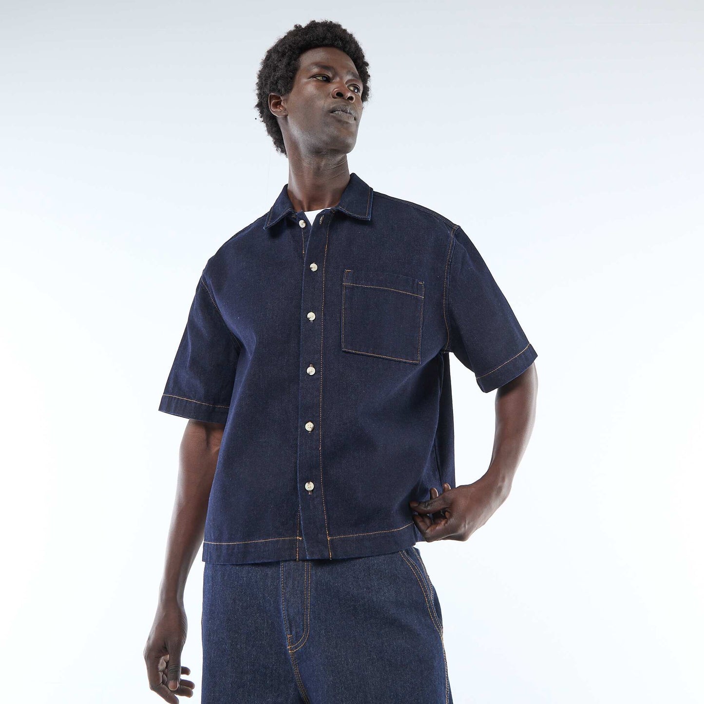 Short-sleeved Solid Denim Shirt BLUE