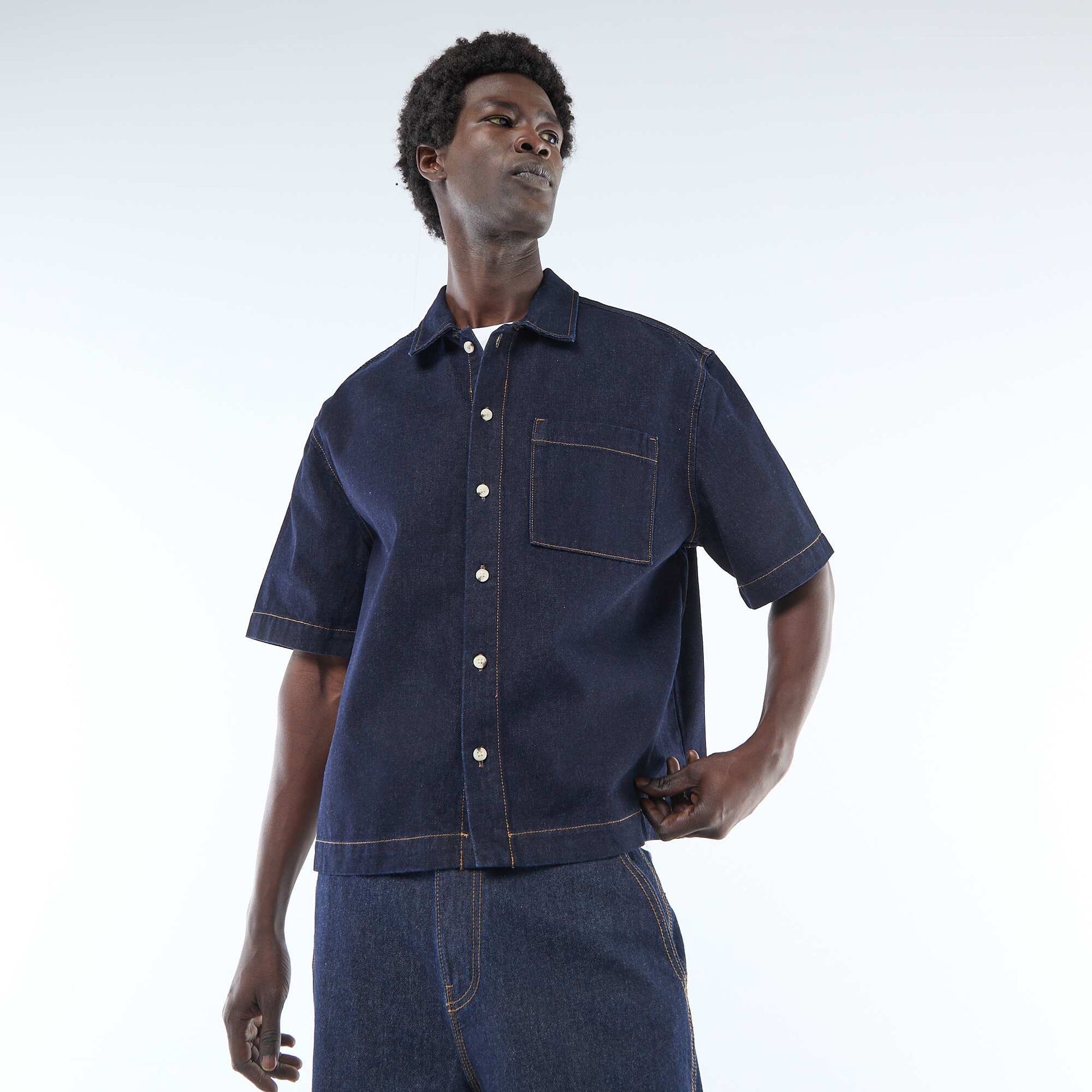 Short-sleeved Solid Denim Shirt BLUE