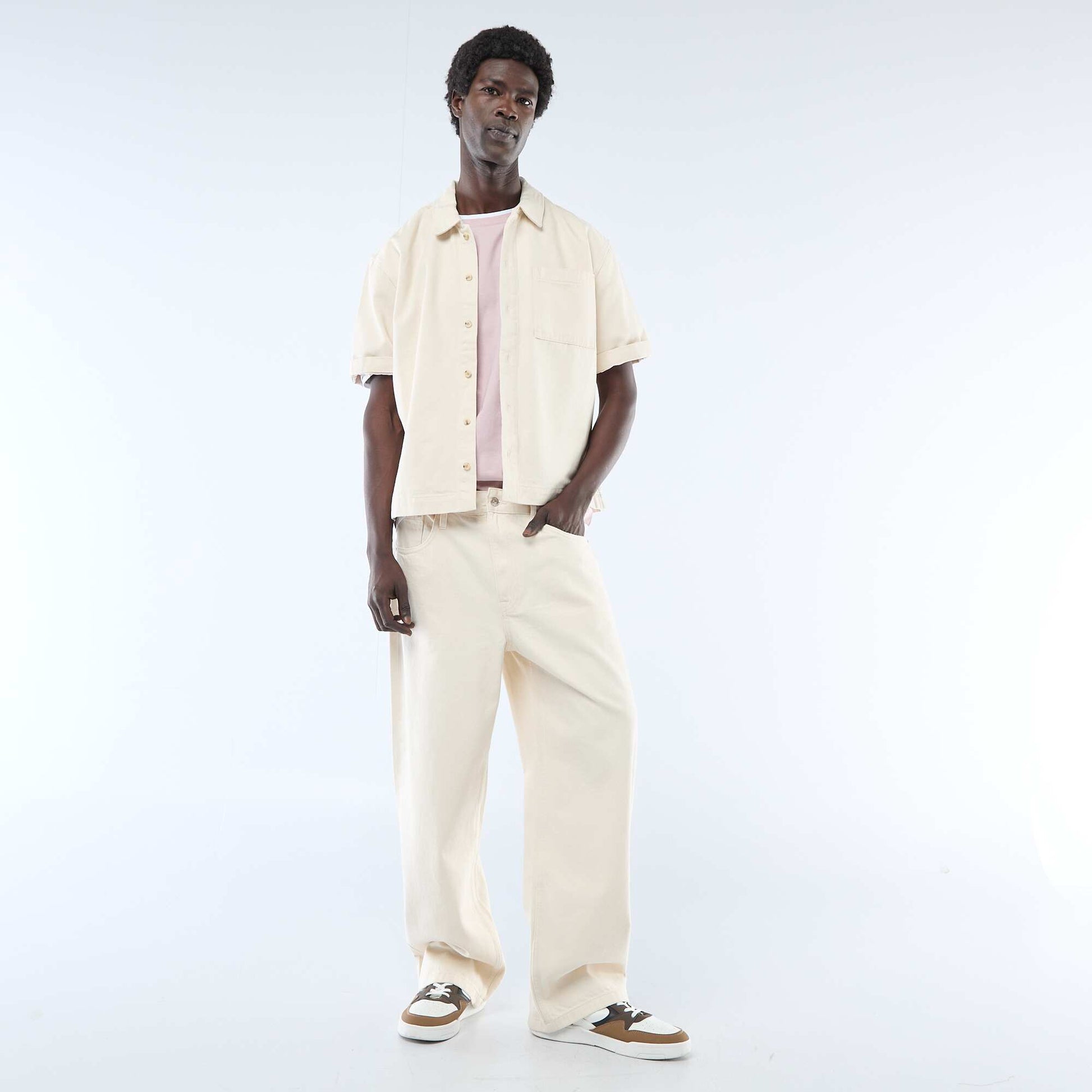 Short-sleeved Solid Denim Shirt BEIGE