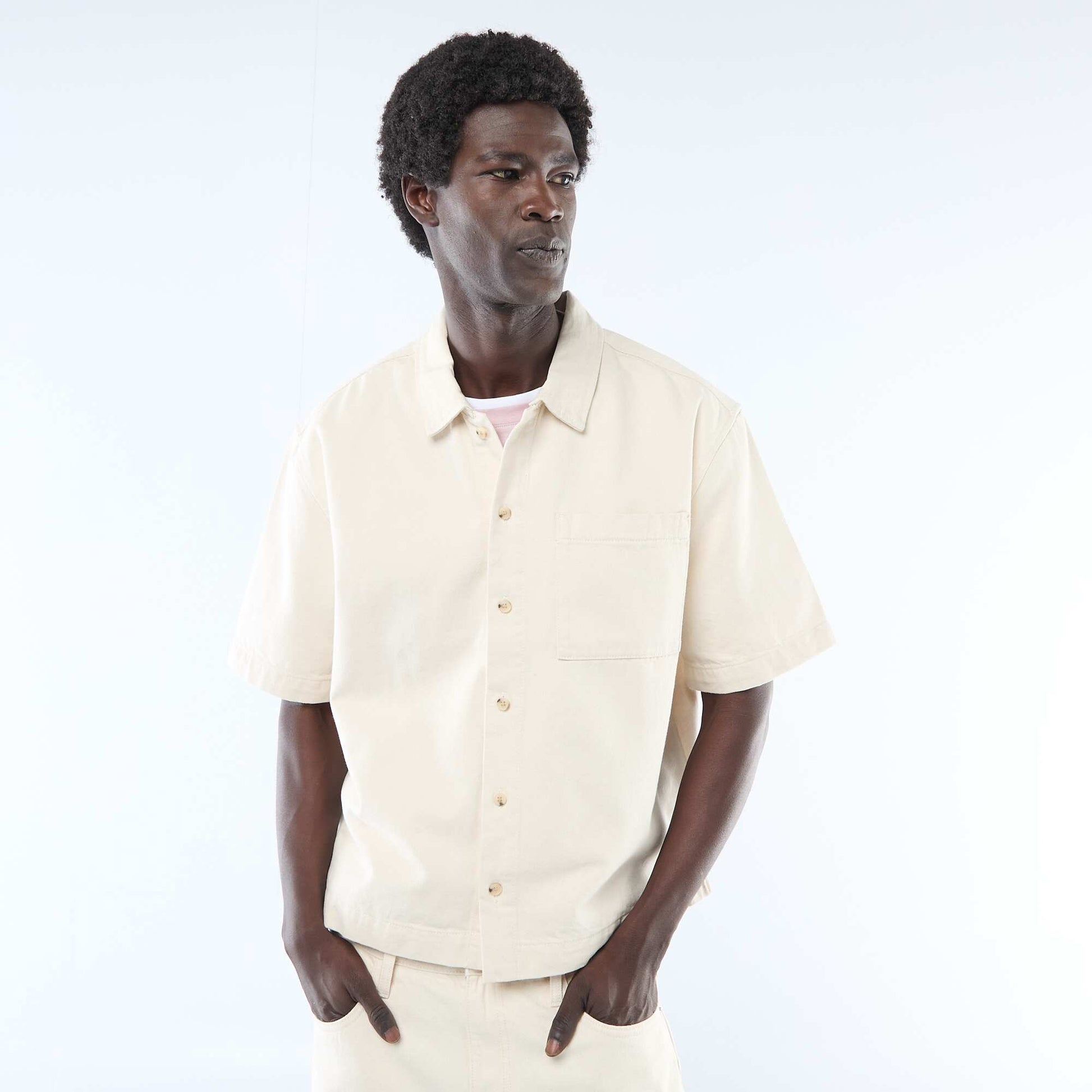 Short-sleeved Solid Denim Shirt BEIGE